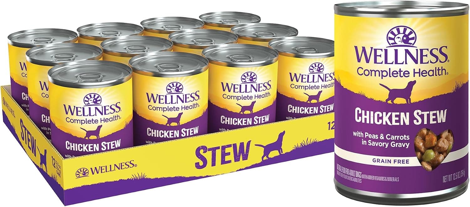 Wellness Complete Health Stew Alimento húmedo enlatado para perros adultos, sin granos, natural, receta de pollo, 12.5 oz, paquete de 12 latas