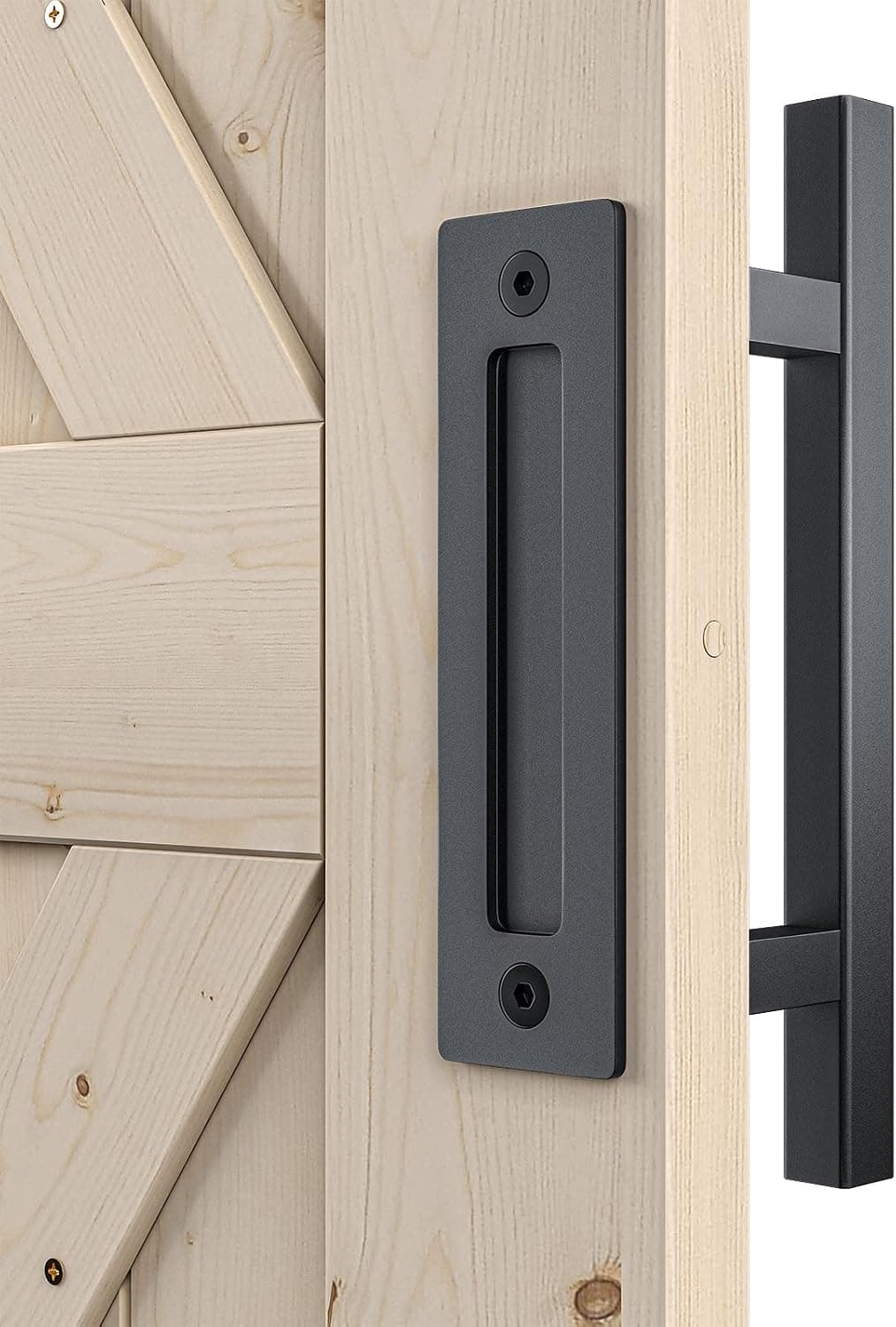 SMARTSTANDARD Manija de puerta corrediza de granero resistente de 12 pulgadas, acero sólido, negro | Diseño rústico grande de dos lados, juego de herrajes para tirar y al ras, para puertas, garajes, cobertizos, muebles, cuadrado