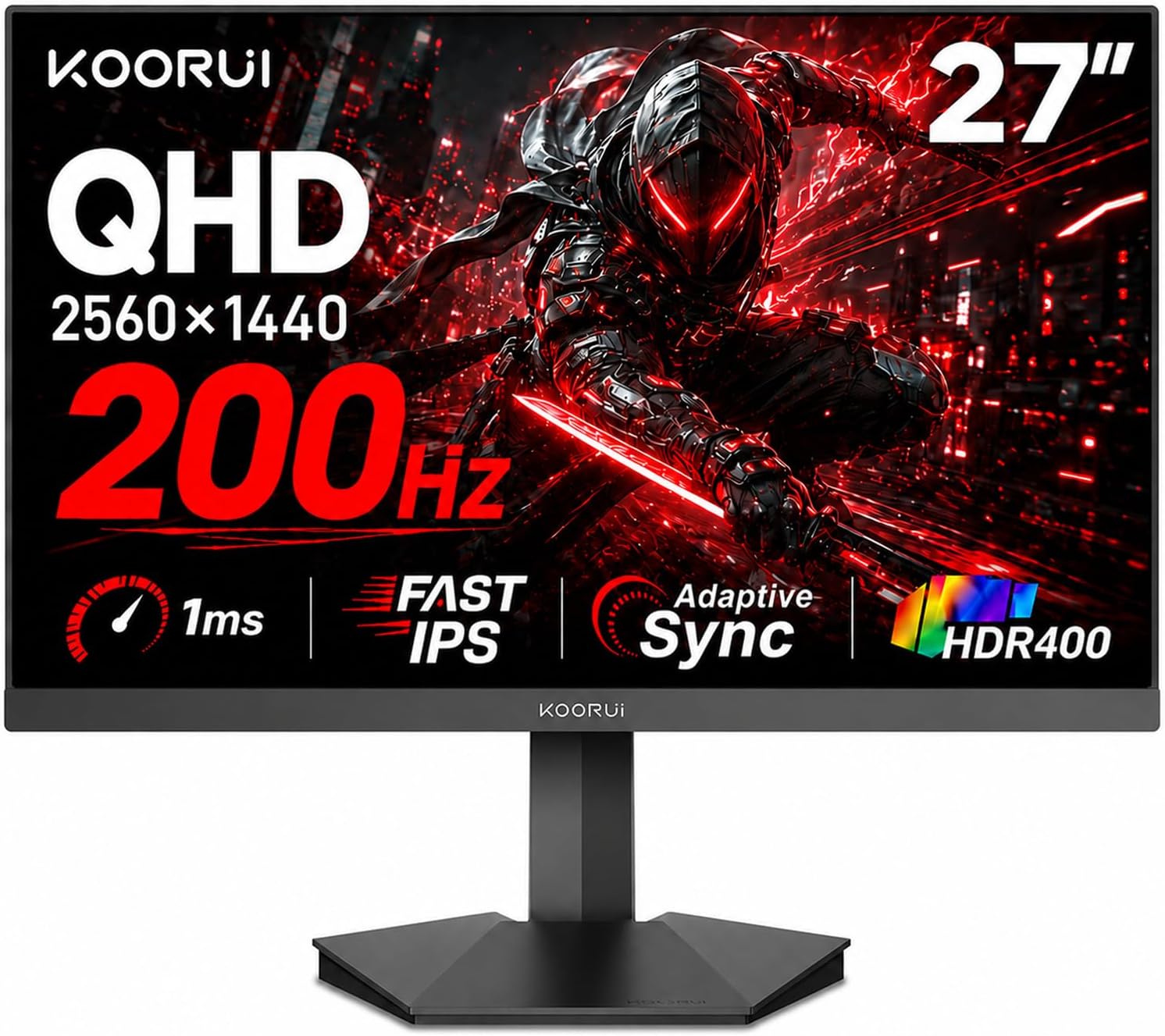 Monitor para juegos KOORUI de 27 pulgadas 1440p, IPS rápido de 200 Hz, 1 ms, HDR400 G2721P | Adaptive Sync, 95% DCI-P3, HDMI2.0/DP1.4, montaje VESA para PC, consola, streaming y configuraciones de pantalla dual