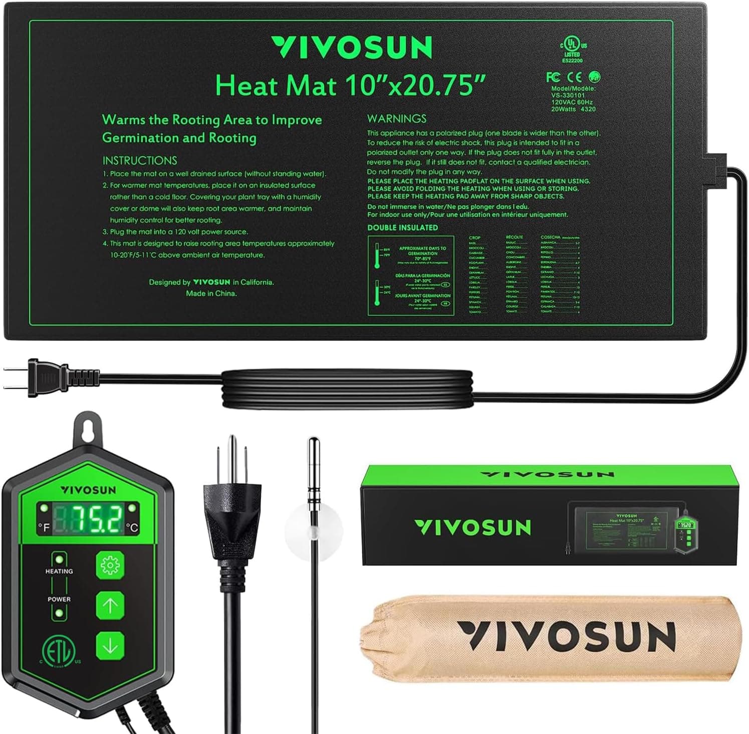 VIVOSUN Juego combinado de alfombrilla térmica para plántulas y termostato digital de 10 "x 20,75" | Almohadilla térmica hidropónica cálida con certificación UL y MET para germinación, jardinería interior e invernadero