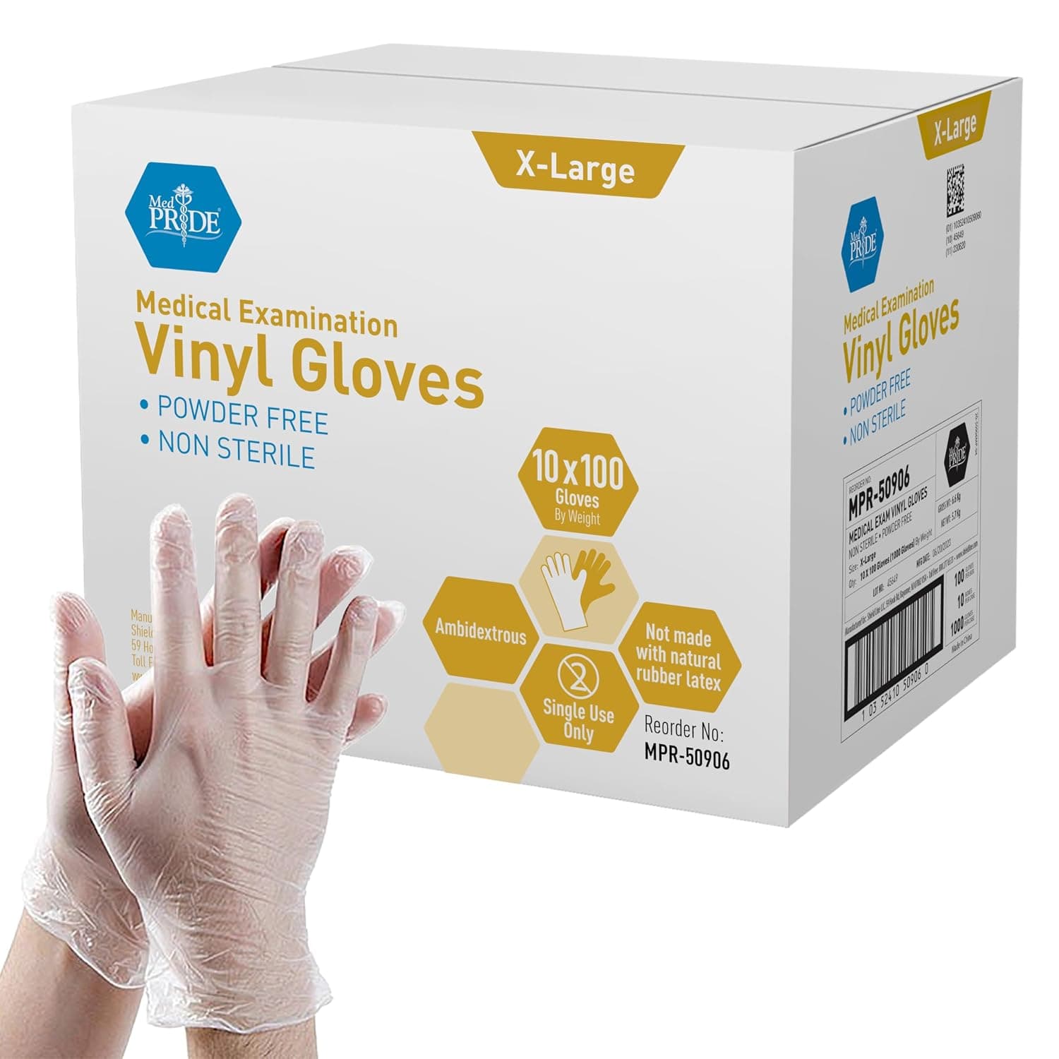MED PRIDE Guantes médicos de vinilo para examen, sin látex ni polvo, extragrandes, 1000 unidades