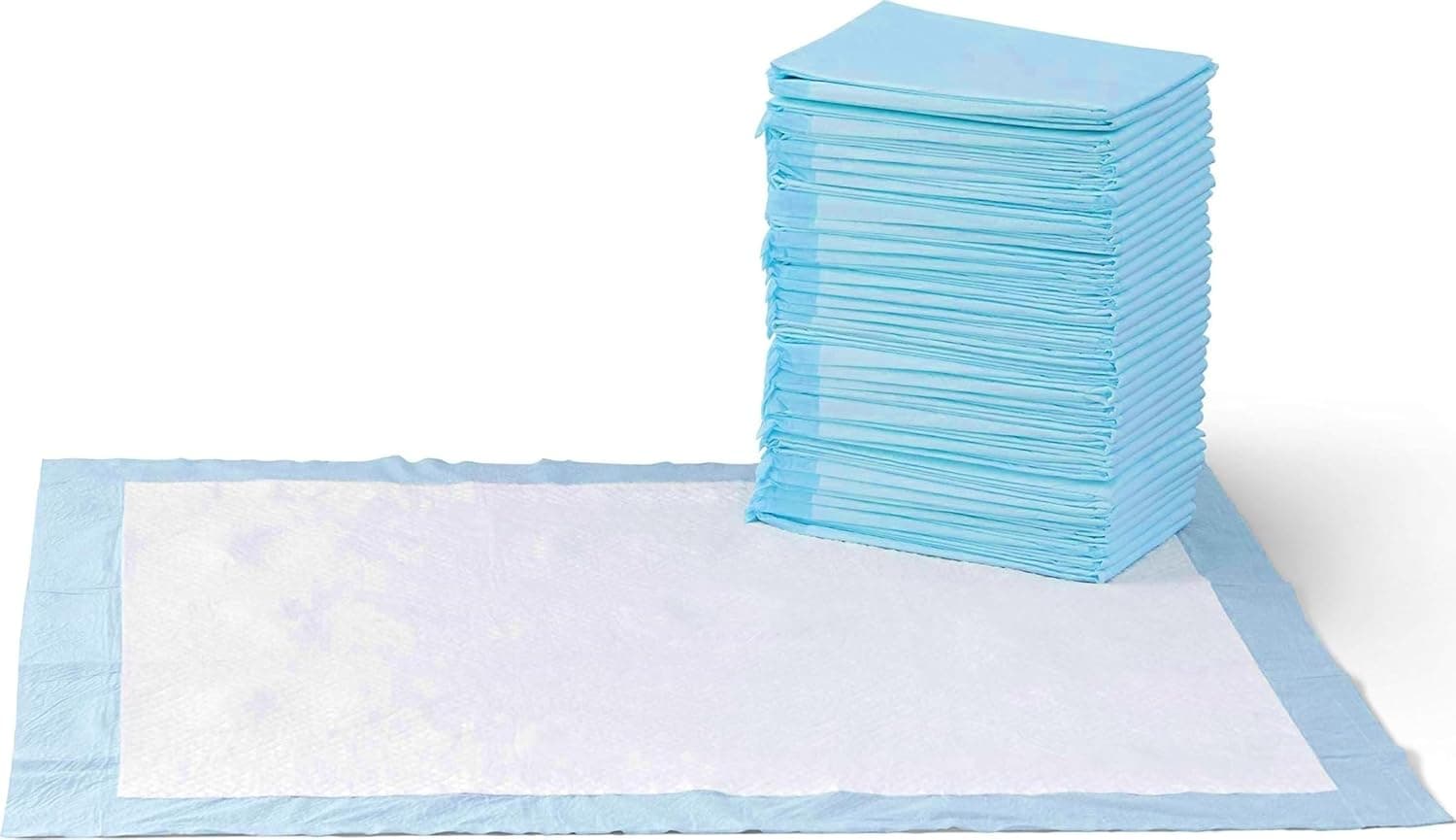 Amazon Basics Almohadillas de entrenamiento para orinar para perros y cachorros a prueba de fugas con diseño de 5 capas de secado rápido, inauguración de la casa, absorción estándar, extragrande, 28 x 34 pulgadas, azul y blanco, paquete de 60