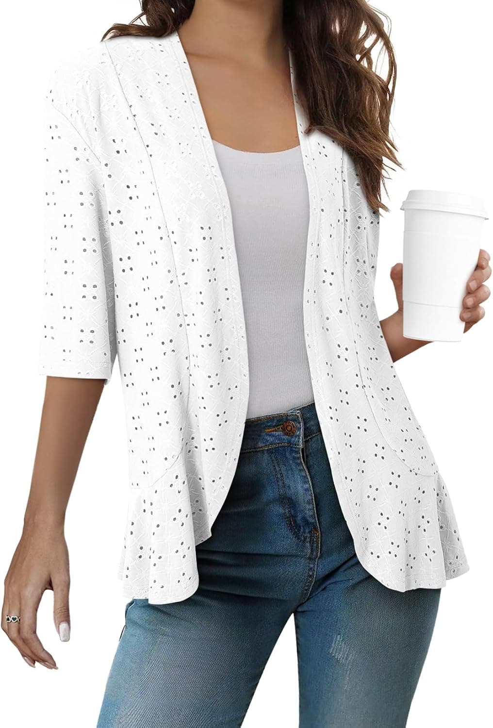 Sidefeel Cárdigan ligero de verano para mujer, con red de primavera, tejido con volantes, media manga, kimono