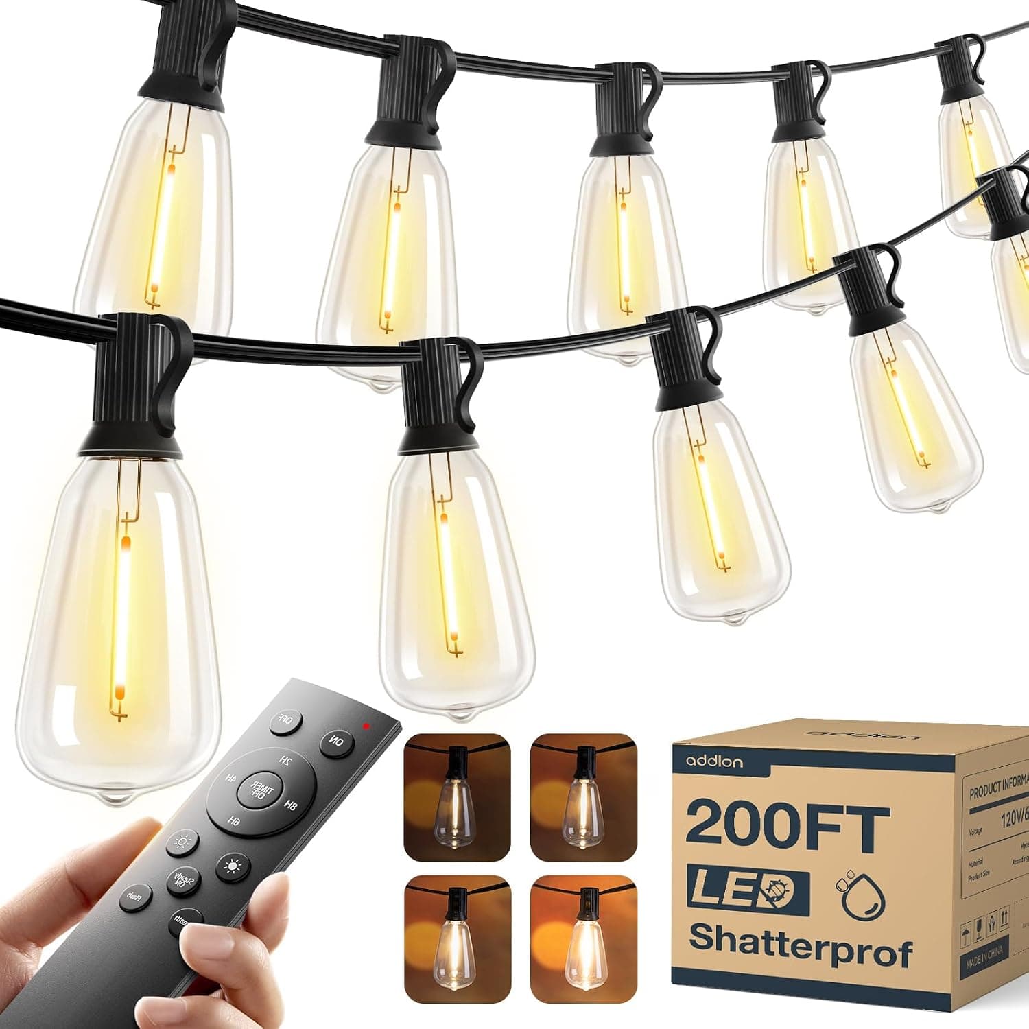 addlon 200FT(50FT*4) Outdoor String Lights ST38 LED with Remote Waterproof | Dimmable Shatterproof Replaceable Bulbs, Connectable Hanging Strand for Porch Backyard Patio Garden Deck Outside, Timer