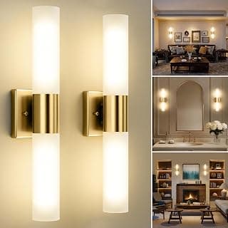 Apliques de pared, juego de dos, tocador moderno de 21", vidrio esmerilado, dorado | Luminaria de pared interior. Para baño, espejo, dormitorio, sala de estar, pasillo. Accesorios de montaje incluidos. Fácil de instalar.