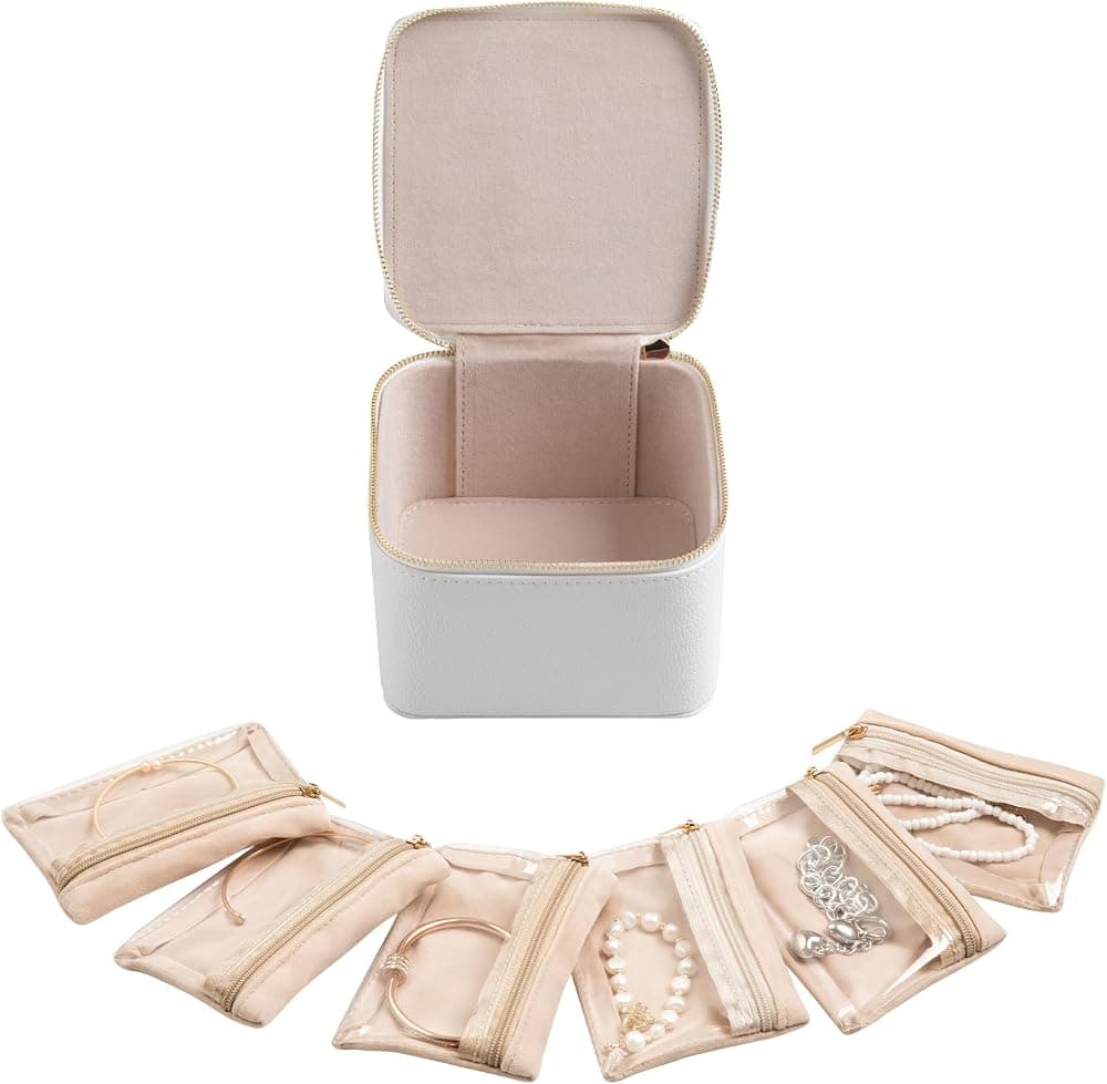 Frebeauty Joyero de viaje para mujer, joyero pequeño con 6 bolsas | Bolsa de joyería portátil, accesorios de viaje, sin enredos, diseño de visualización para anillos, pendientes, collares, cremallera metálica lisa