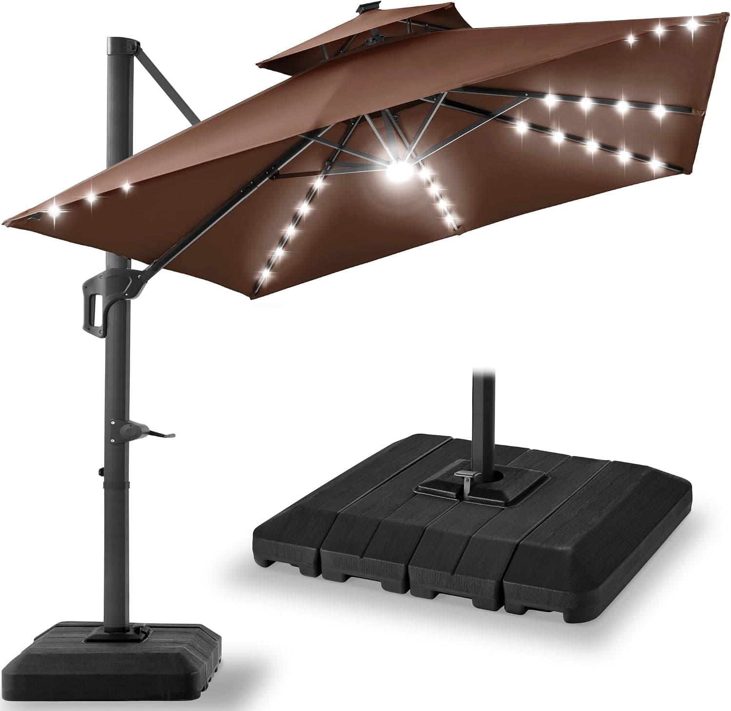 Best Choice Products Sombrilla voladiza para patio de 10 x 10 pies con base incluida, luces LED solares con rotación de 360 ​​grados, gran sombra para colgar al aire libre para terraza, piscina, patio trasero con soporte, color marrón