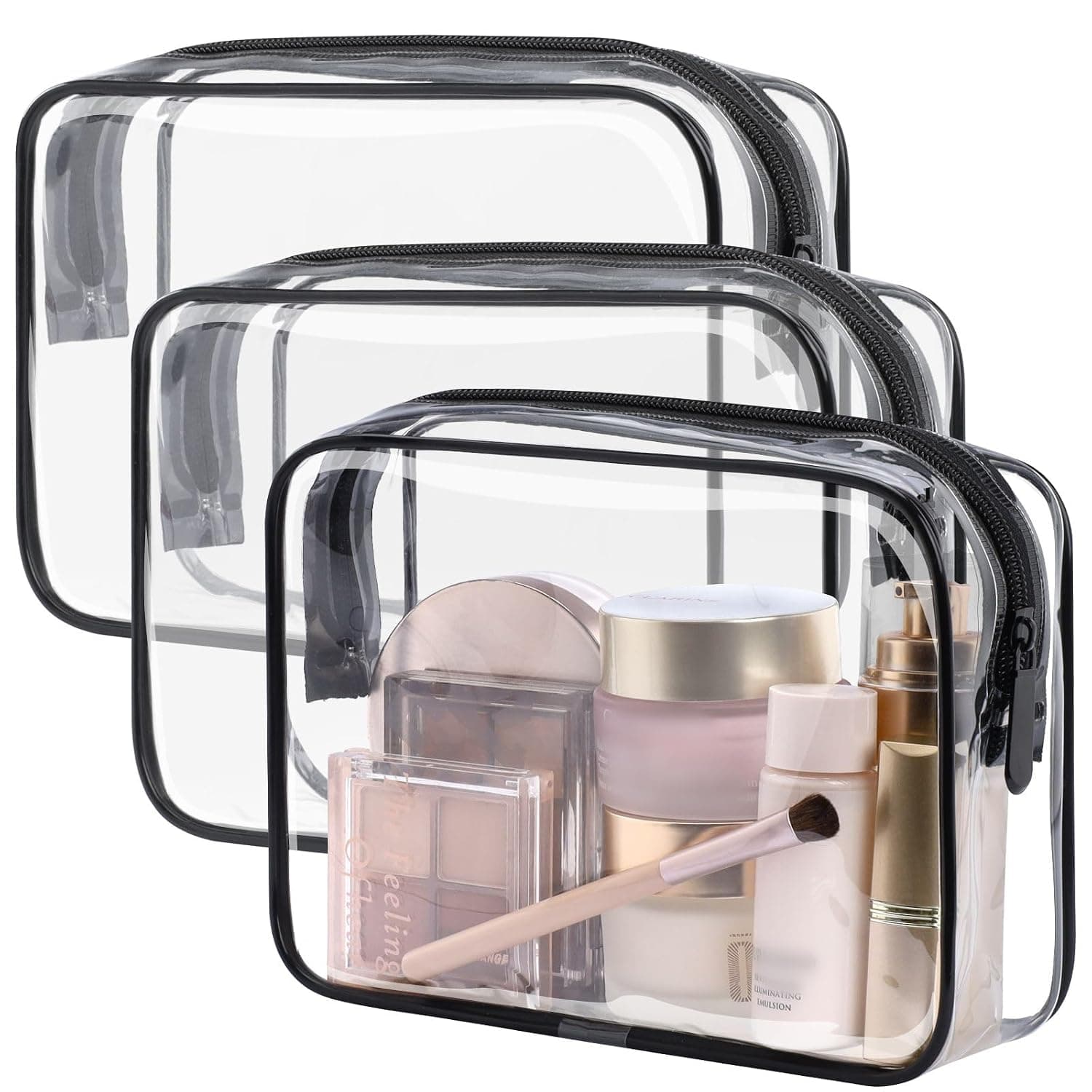 Neceser aprobado por la TSA - Neceser de maquillaje transparente para viajes, negro | Paquete de 3 cuartos de galón, cremallera lisa de metal, transparente de fácil control, para líquidos 3-1-1, bolsa de aseo para líneas de aeropuerto, mujeres, hombres