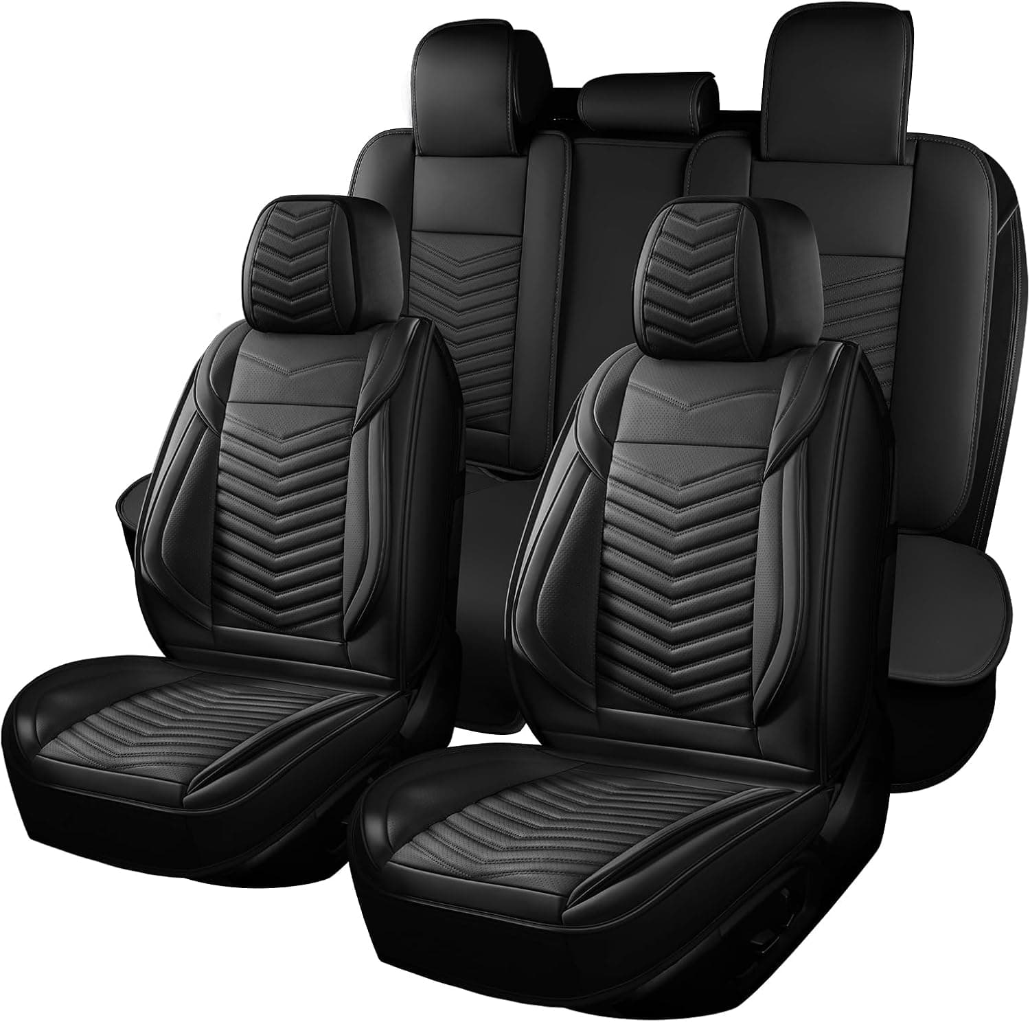HChengkikz Juego completo de fundas de asiento de coche de piel de napa, protector de asiento de coche negro, 5 asientos, cojín impermeable para asiento de coche, fundas universales para asientos de automóvil para SUV, camioneta, camioneta, sedán, delantero y trasero | Fácil mantenimiento, compatible con airbag, ajuste universal para la mayoría de los SUV, camionetas, camionetas, sedanes