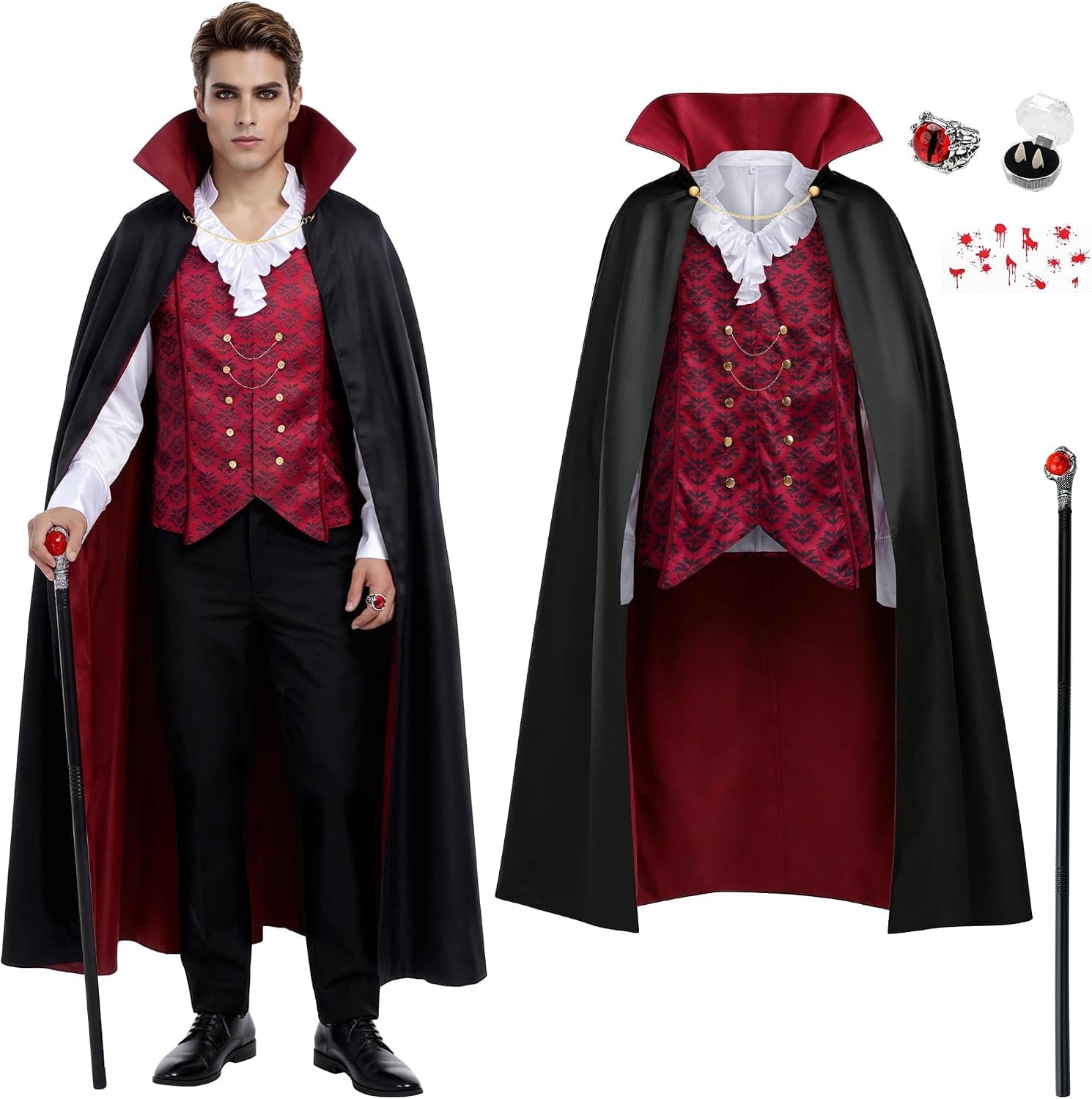 AOTHSO Juego de accesorios para disfraces de vampiro de Halloween con pegatina de tatuaje de camisa roja del cabo negra Colmillos Anillo de metal Cetro de plástico