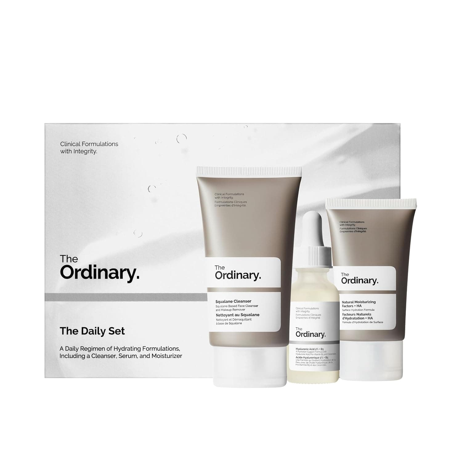 The Ordinary The Daily Set, rutina diaria de cuidado de la piel con limpiador de escualano, ácido hialurónico 2% + B5 y factores hidratantes naturales + HA | Conjunto de cuidado de la piel