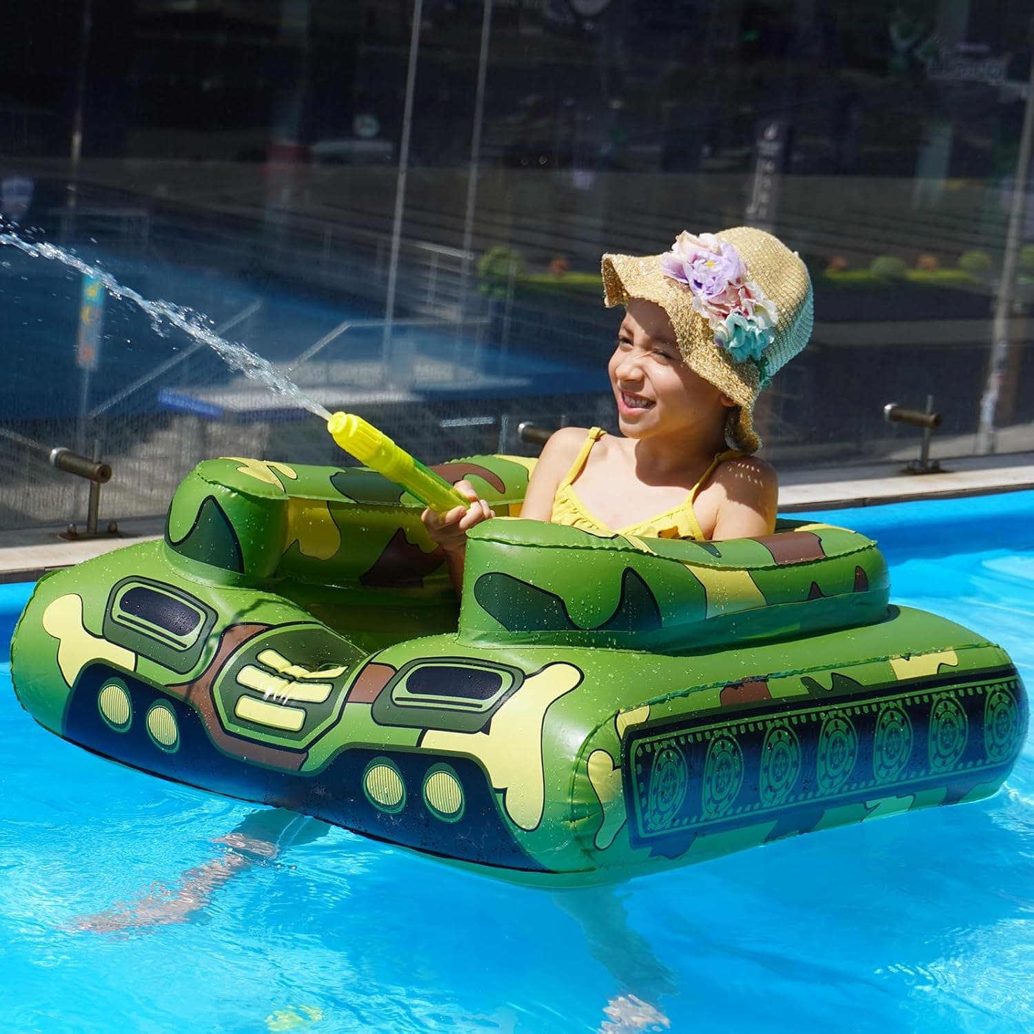 Tank Pool Floats Kids Adults - Jasonwell Inflatable Pool Floaties Swim Pool Tank with Water Cannon Gun Swim Floaty Rafts Lake Beach Party Pool Toys for Boys Girls Niños pequeños (verde, M)