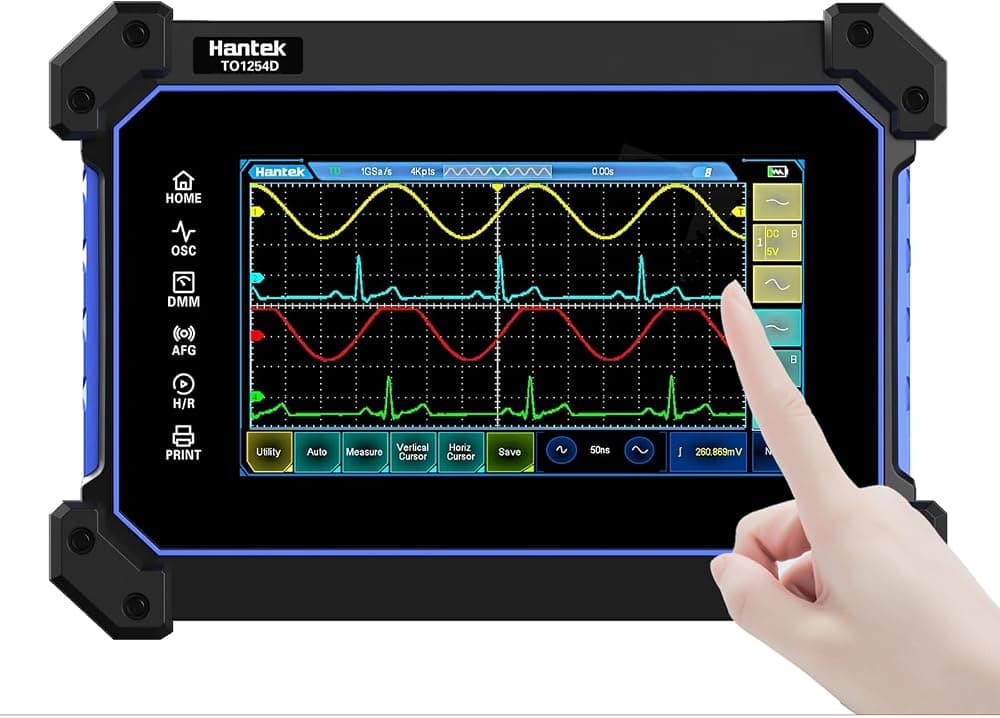 Hantek TO1254D Osciloscopio digital con pantalla táctil 4 canales + 1 canal 1250 MHz 1GSa/s Osciloscopio digital para tableta portátil + Fuente de señal + Multímetro