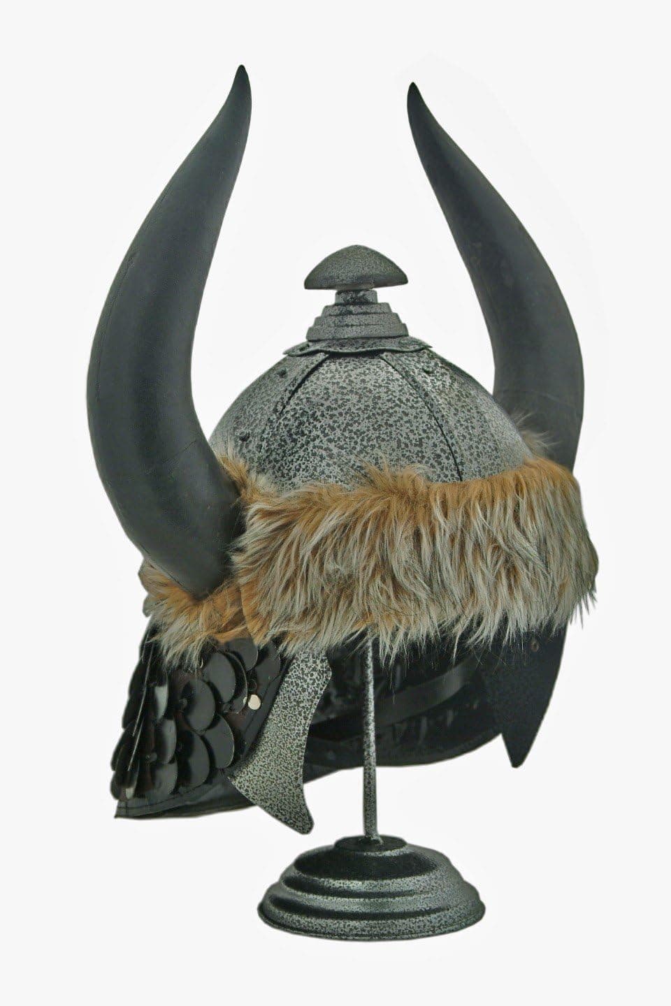 SZCO Supplies Casco vikingo nórdico bárbaro de acero para hombres – Casco medieval totalmente funcional con cuernos, piel sintética, escamas, soporte de exhibición para casco, 8 x 14 x 18 pulgadas, casco vikingo para hombre, casco vikingo para cosplay