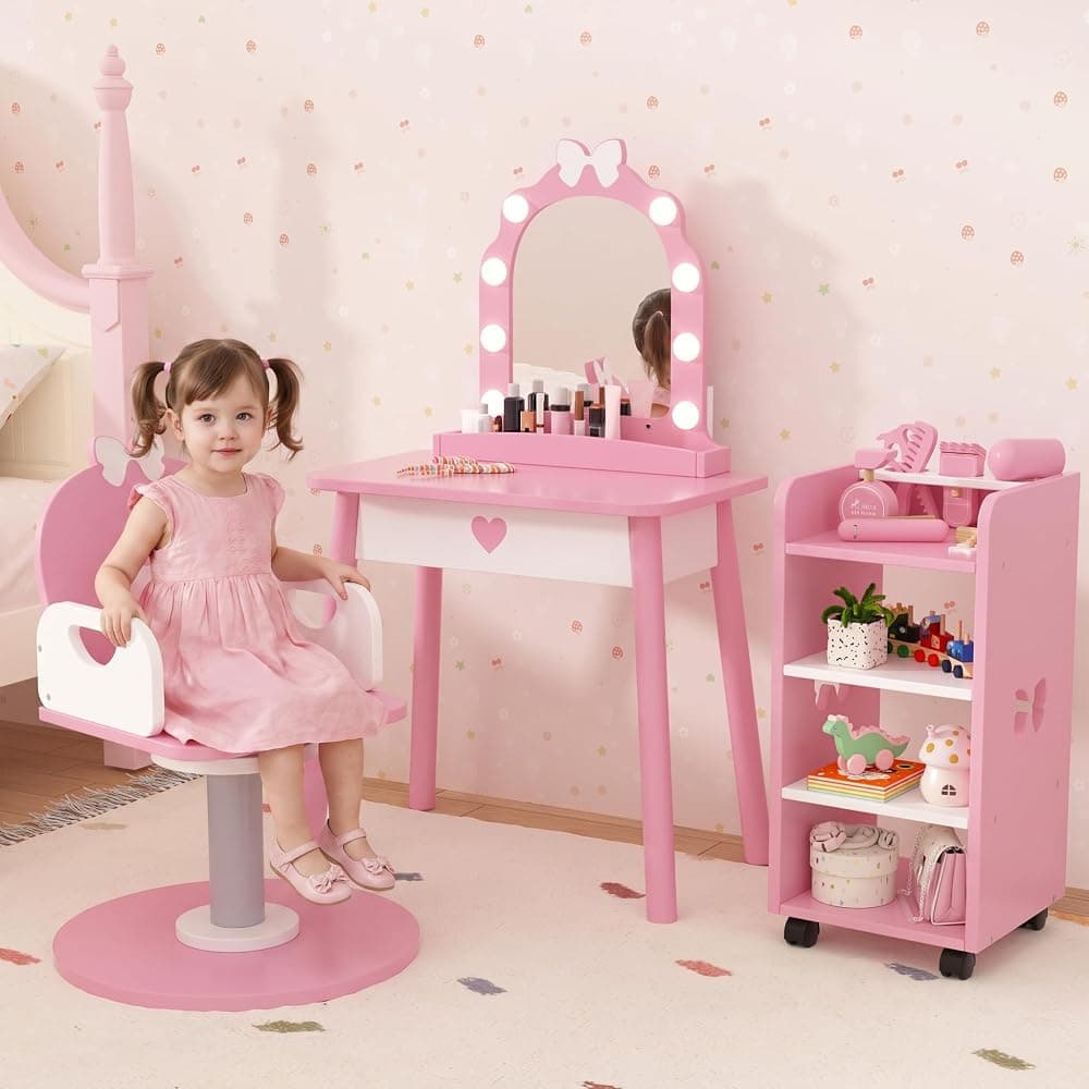 Juego de tocador y silla de madera para niños con luz y espejo, tocador de maquillaje de princesa con silla de peluquero y carrito rodante, juego de peluquería de simulación, juego de tocador para niñas, rosa