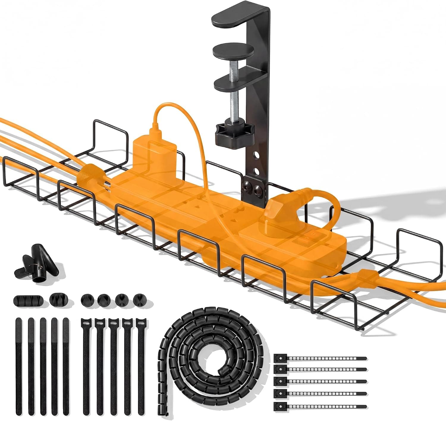 JANEX Under Desk Cable Management Tray Kit, No Drill Clamp-On Cable Organizer for Desk, Wire Cord Management Tray with Cable Sleeve, Cable Clips, Ties & Velcro Strips, Black