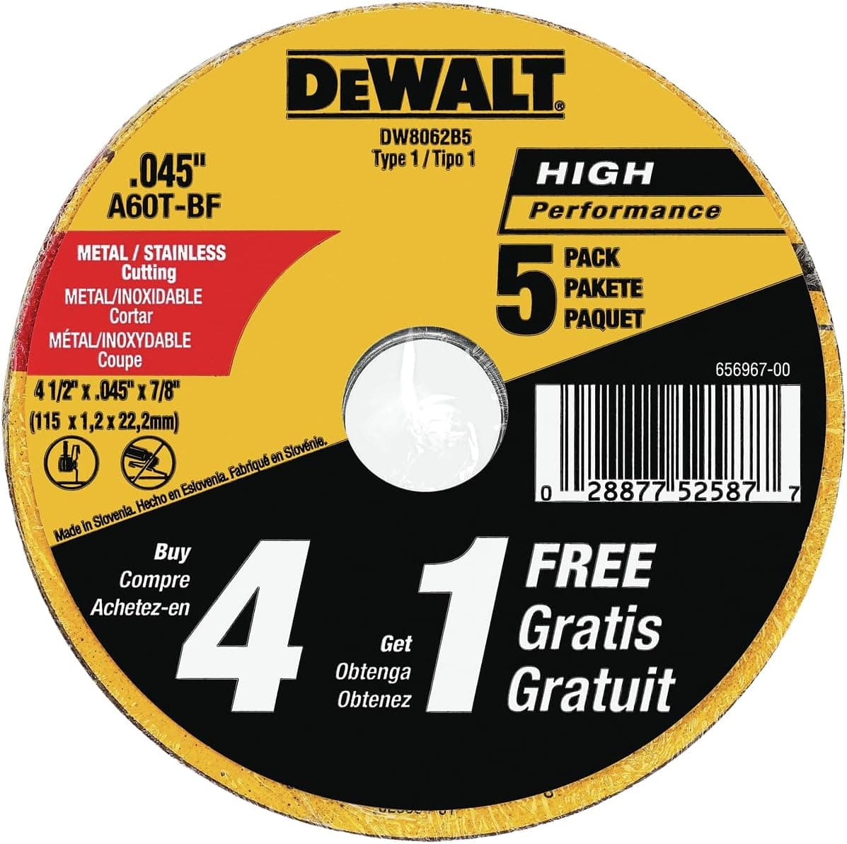 DEWALT Rueda de corte de 4 1/2, disco de corte para amoladora angular, paquete de 5, corte abrasivo de óxido de aluminio con eje de 7/8 para corte de metal, muelas abrasivas de 4 1/2 pulgadas x 0,045 pulgadas (DW8062B5)