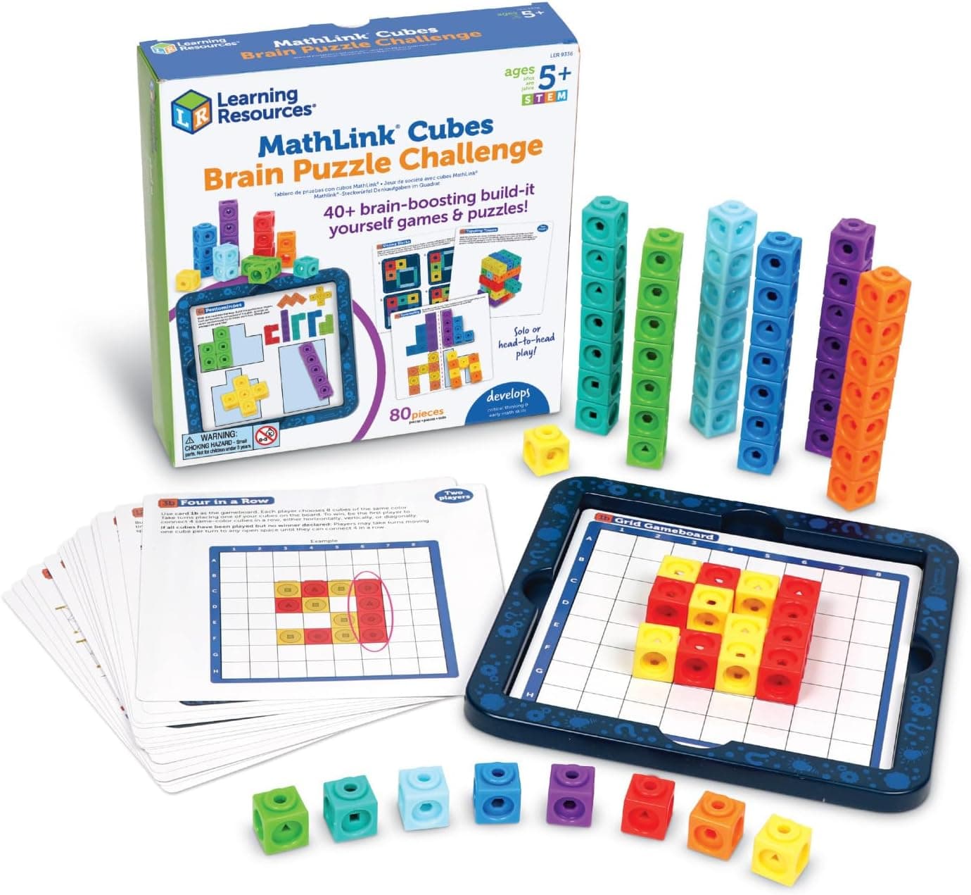 Learning Resources MathLink Cubes Brain Puzzle Challenge, 80 piezas, edades 5+, imprescindibles para el aula, actividades preescolares, útiles escolares para profesores, manipulativos matemáticos