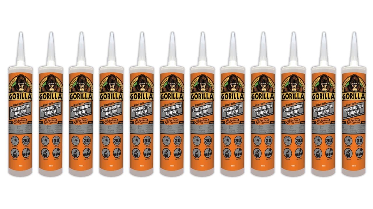 Adhesivo de construcción resistente Gorilla, pegamento blanco, cartucho de 9 onzas, relleno de huecos e impermeable (paquete de 12)