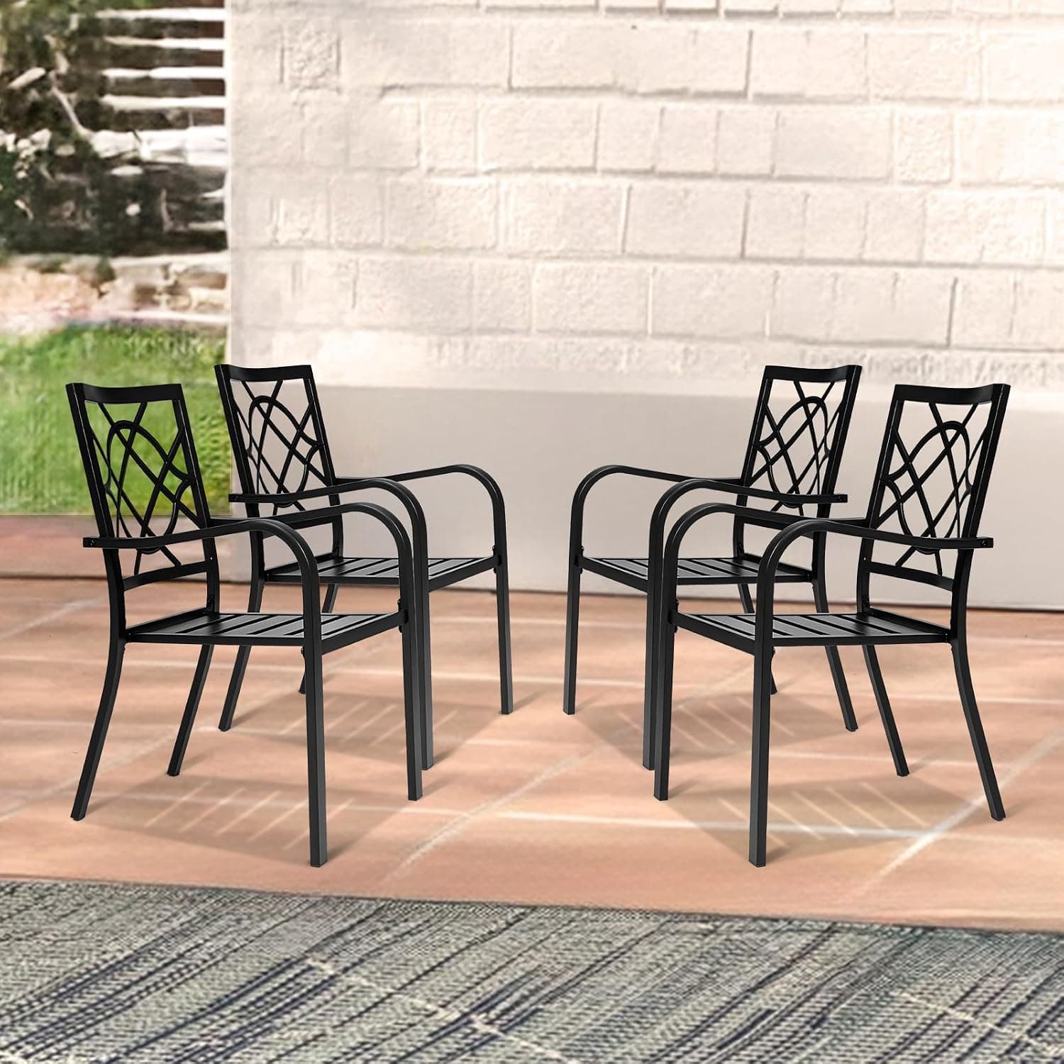SUNCROWN 4 Pieces Wrought Iron Black Chairs 300 Lbs Outdoor Dining Chairs, Patio Metal Stackable Chair with Armrest for Backyard, Garden, Poolside
