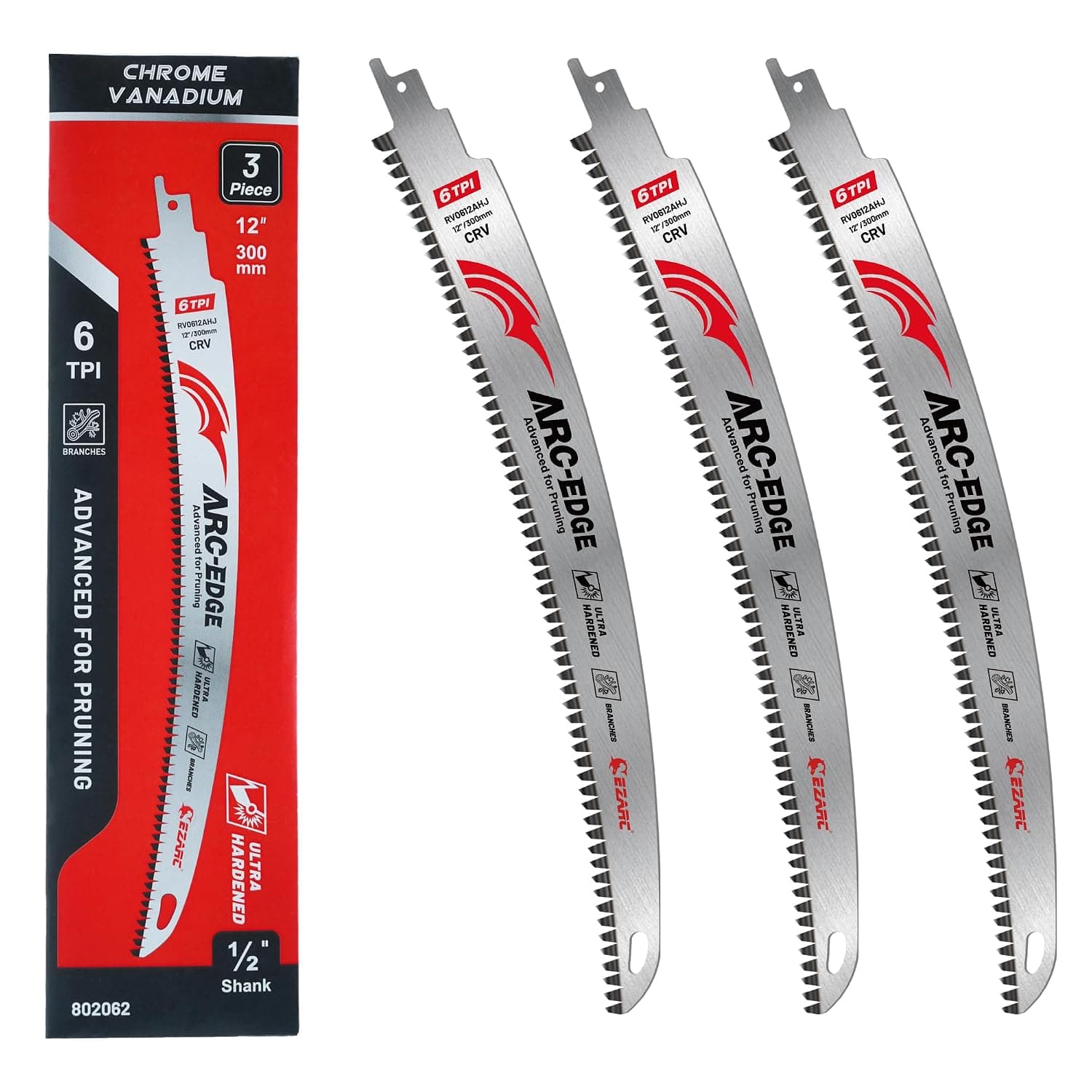 Hojas de sierra alternativa EZARC Arc Edge, 12 pulgadas 6TPI para podar, paquete de 3 | Diseño de borde de arco, acero al cromo vanadio, dientes pulidos, gargantas profundas, hasta 3 veces más vida útil, para podar árboles y ramas