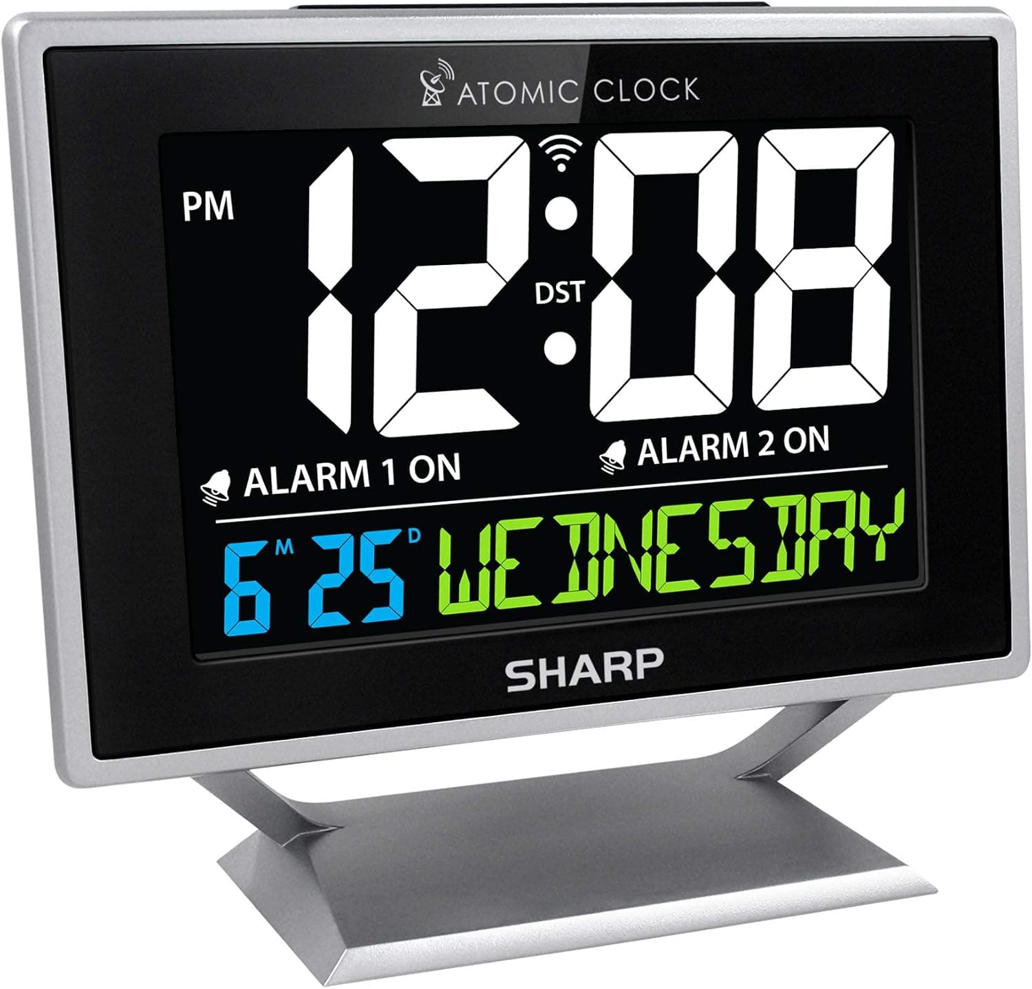 Reloj despertador Sharp Atomic, configuración automática, pantalla a color, alarma dual, calendario