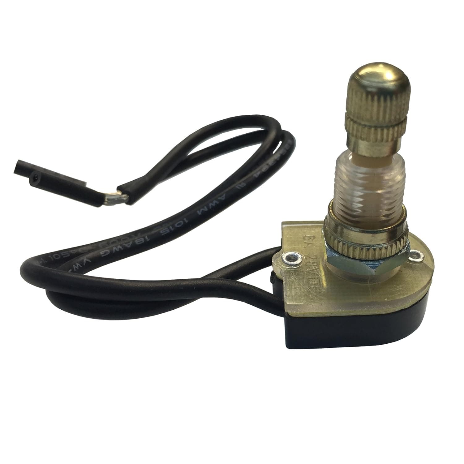 Gardner Bender GSW-61 Interruptor giratorio eléctrico, SPST, ON-OFF, 6 A/125 V CA, terminal de cable de 6 pulgadas, latón | ON-OFF, 6 A/125 V CA, 3 A/250 V CA, cables conductores de 6 pulg. 18 AWG, perilla moleteada de latón, certificación UL (anteriormente: Gardner Bender)