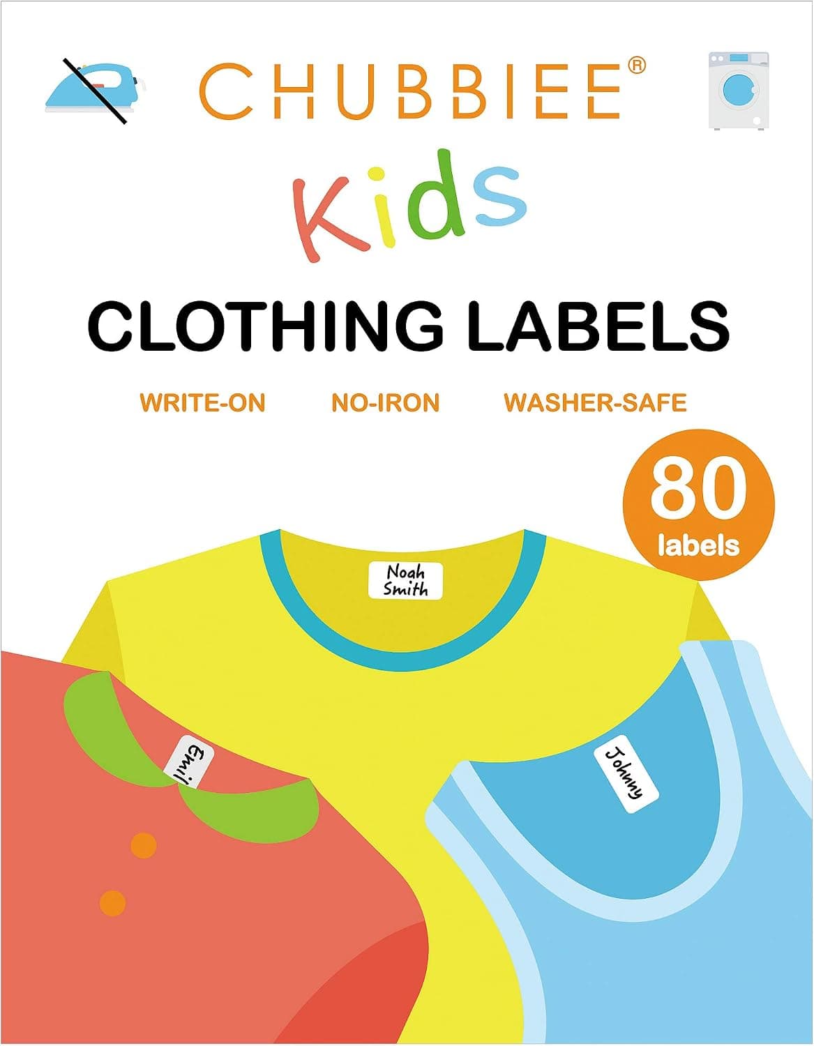Etiquetas de ropa para niños multiuso que no necesitan planchado, paquete de 80 | Etiquetas de tela autoadhesivas para campamentos, escuelas, guarderías, cuidados de enfermería, juguetes, organización, aptas para lavadora y secadora