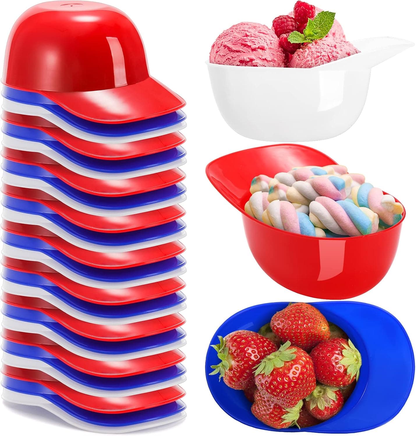 Fasmov Paquete de 30 cuencos para aperitivos de helado con casco de béisbol, mini cuencos de gorra de béisbol de 8 oz, cuenco para chips de casco, aperitivos de béisbol, mini tazas de postre para suministros de fiesta de helado (rojo, azul, blanco)