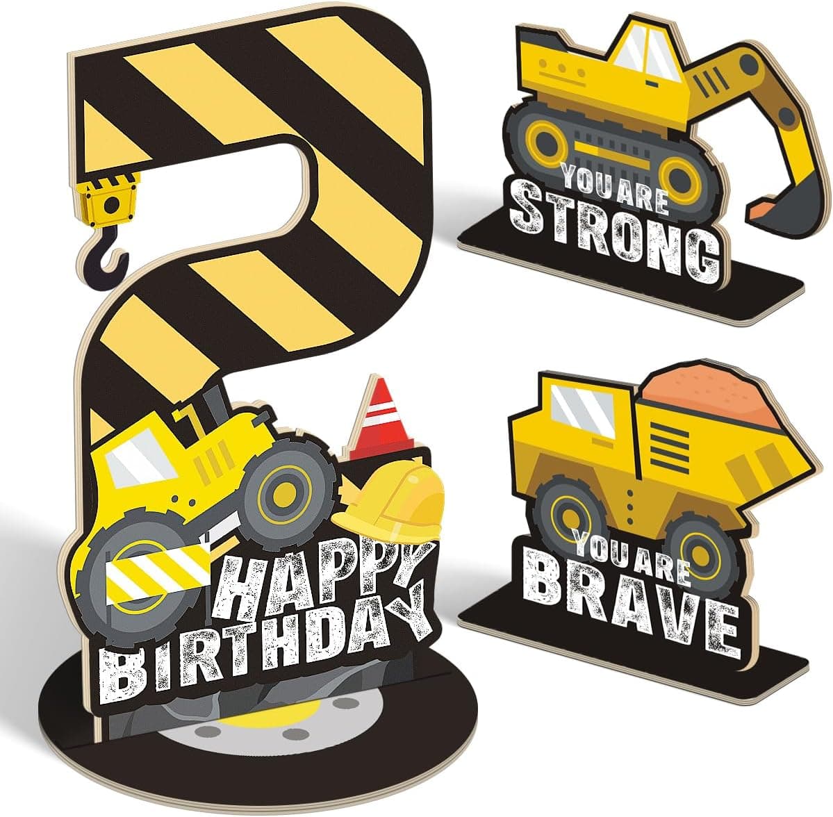3 piezas de centro de mesa con letrero de número de segundo cumpleaños para construcción, decoración de mesa de maquinaria de construcción para niños, juego de suministros para fiesta de segundo cumpleaños