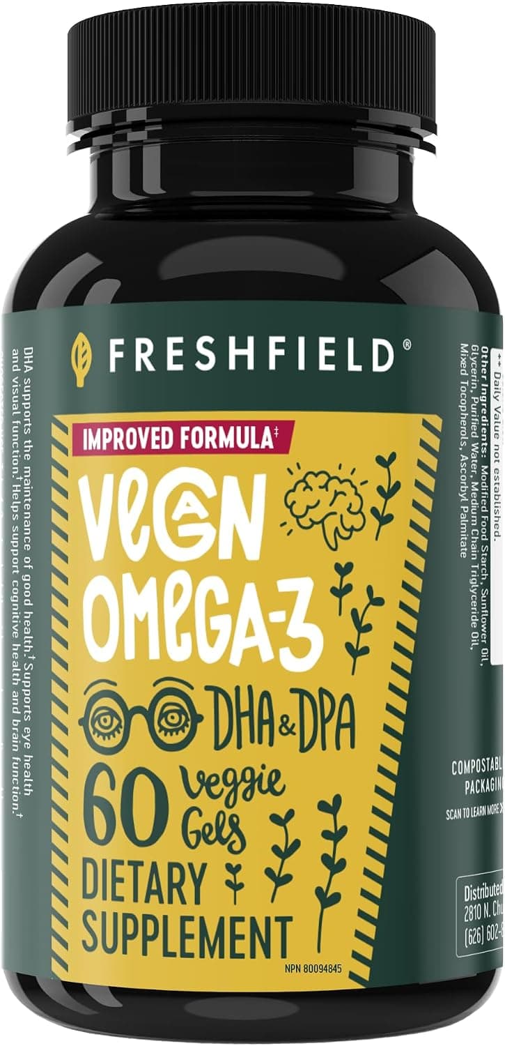 Freshfield Vegan Omega 3, Aceite de Algas (Algas), Compañía Libre de Aceite de Pescado, Probado por Terceros, Libre de Carragenina, Suplemento de DHA con DPA, Omega a Base de Plantas. Apoya la salud del corazón, el cerebro y las articulaciones. Aroma a limón