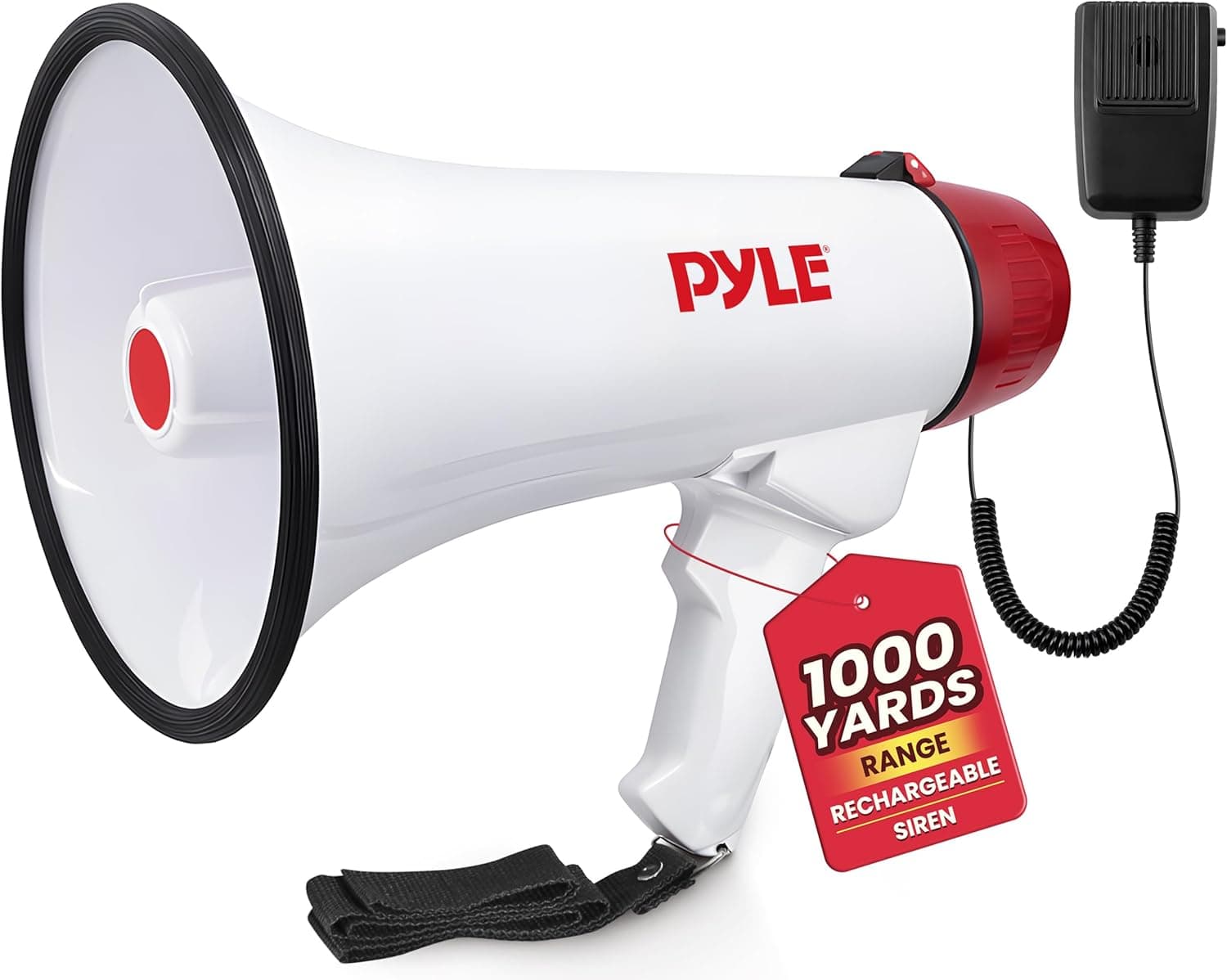 Altavoz megáfono Pyle PA Bullhorn - con batería recargable de sirena incorporada, conector auxiliar de 40 vatios y alcance de 1000 yardas - Función de grabación ideal para fanáticos y entrenadores de fútbol, béisbol, baloncesto o para simulacros de seguridad - PMP48IR