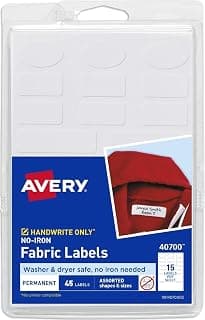 Etiquetas de tela Avery® que no necesitan planchado, formas y tamaños variados, etiquetas impermeables aptas para lavadora y secadora, no imprimibles, 45 en total (40700)