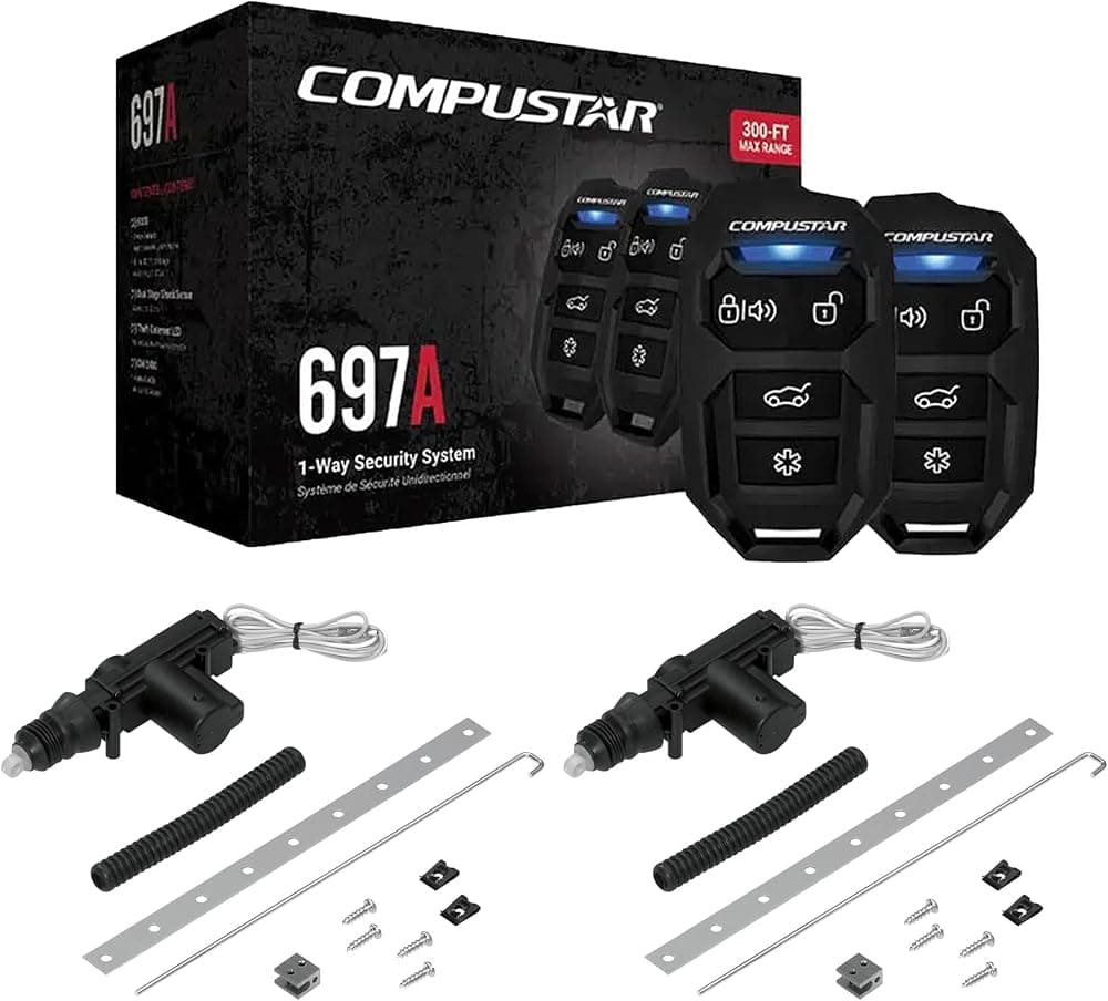 Compustar CS697-A Alarma y código Alarma DA1 Paquete de actuadores de bloqueo de puerta | Sistema de alarma sin llave de 200 pies de 1 vía sin sirena con dos actuadores estándar de bloqueo de puerta de 2 cables Code Alarm DA1.