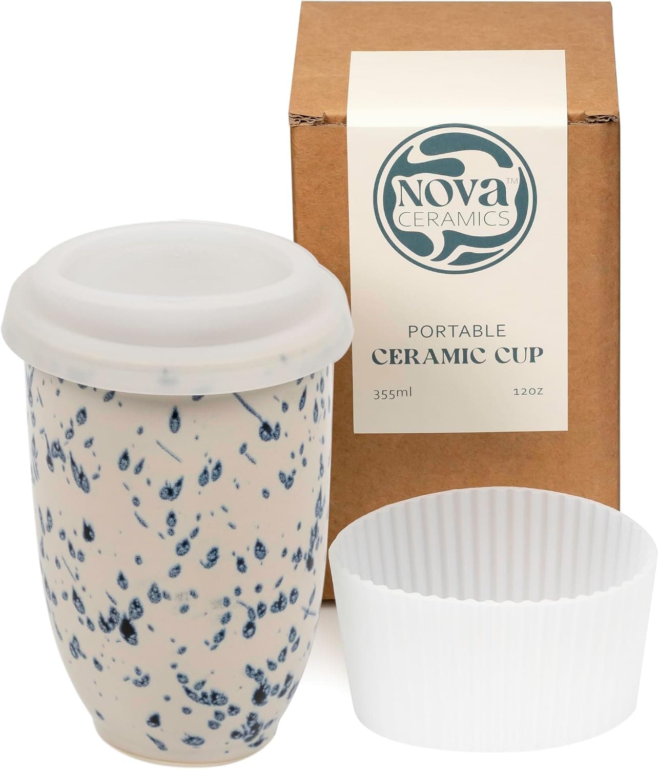 NOVA CERAMICS Taza de viaje – Taza de tamaño de viaje – Taza de café reutilizable única para llevar – Vaso de café blanco y azul apto para microondas y lavavajillas – Regalos para mujeres, hombres, él y ella – 12 oz – Orquídea
