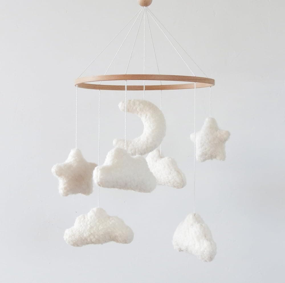 Cloud Crib Mobile Baby Mobile para cuna Neutral Boho Moon and Clouds Mobile Neutral Nursery Décor Boucle Mobile