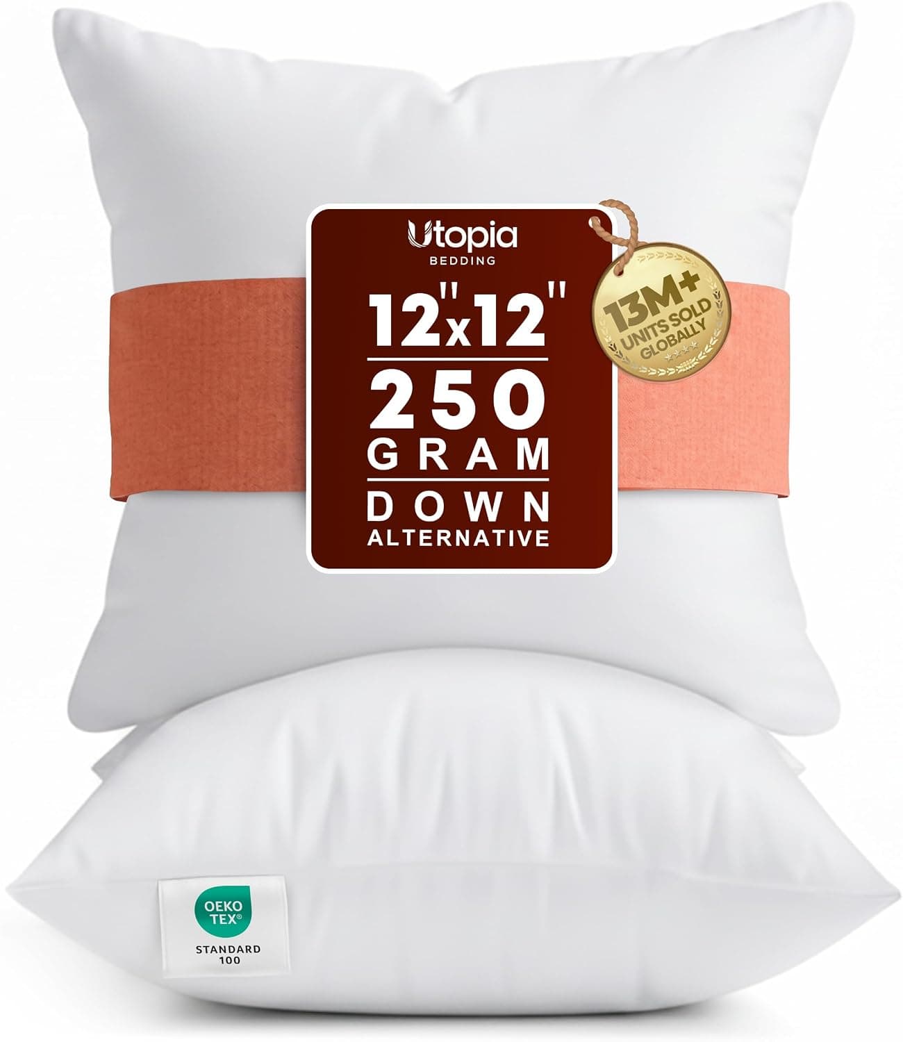 Utopia Bedding Insertos de almohada de 12 x 12, almohadas blancas para sofá, paquete de 2 | Relleno 100% virgen, inserciones de cojines interiores para cama, sofá y sofá, almohadas decorativas mullidas, de apoyo y con relleno extra