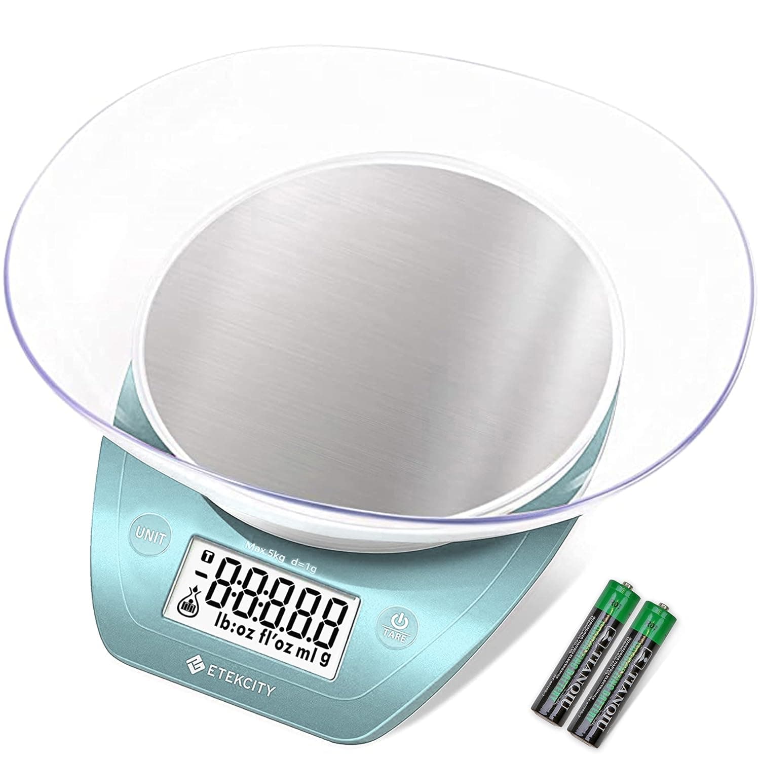 Báscula de cocina para alimentos Etekcity con cuenco, 0,1 g, gramos y onzas | Capacidad de 11 lb/5 kg con tara, tazón extraíble, ideal para hornear, preparar comidas y controlar porciones, acero inoxidable, azul brillante