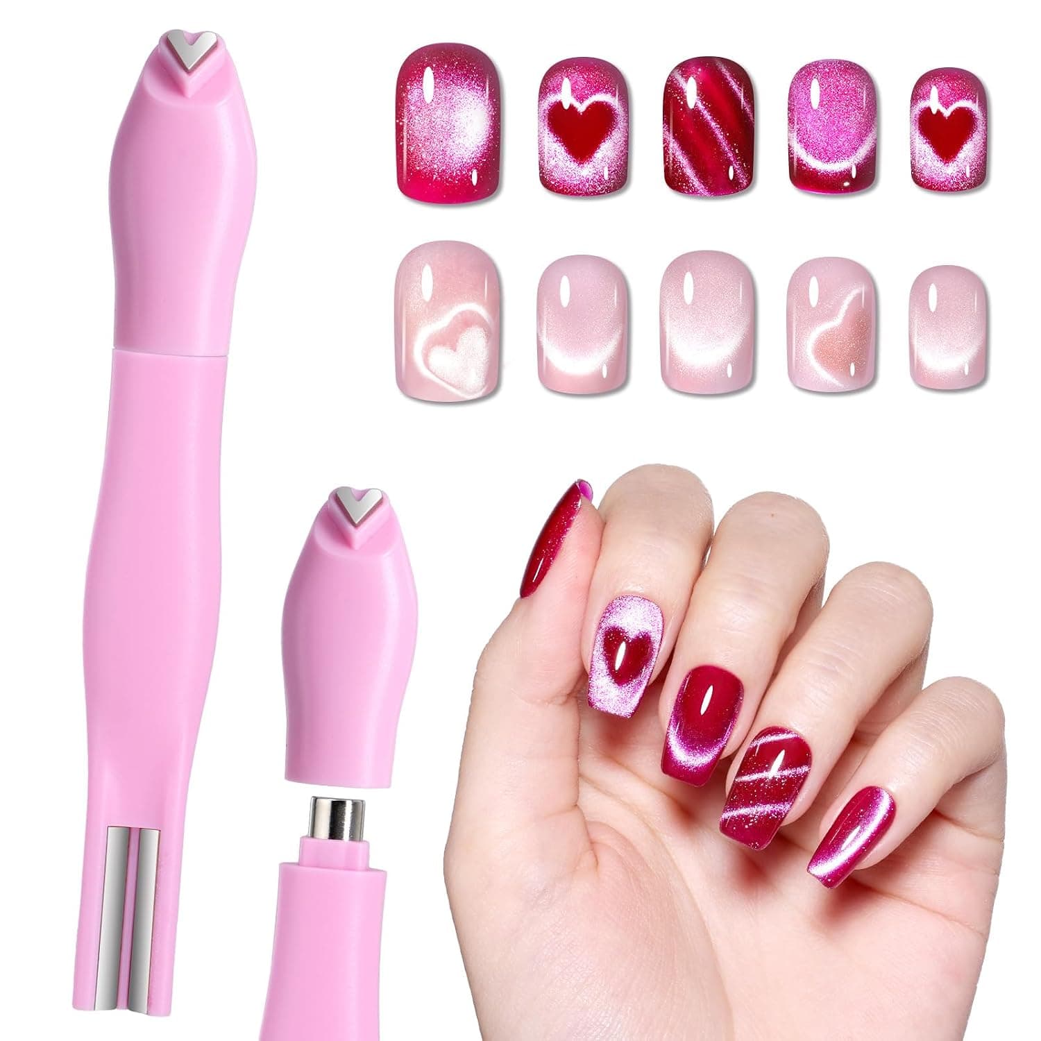 Imán de ojo de gato Beetles, imán de uñas 3 en 1 para esmalte de uñas de gel de ojo de gato | Bolígrafos magnéticos para decoración de uñas, cuentas de cristal a rayas francesas con forma de corazón, luz lateral, efecto de luz amplio, herramientas de decoración de uñas DIY en salón de casa