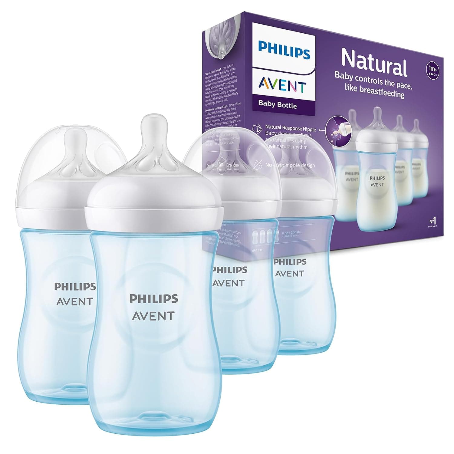 Biberones naturales Philips Avent, flujo medio, 9 oz, sin BPA, paquete de 4 | Flujo controlado por el bebé, diseño sin goteo, reduce los cólicos y los gases con válvula anticólicos, azul, SCY903/24