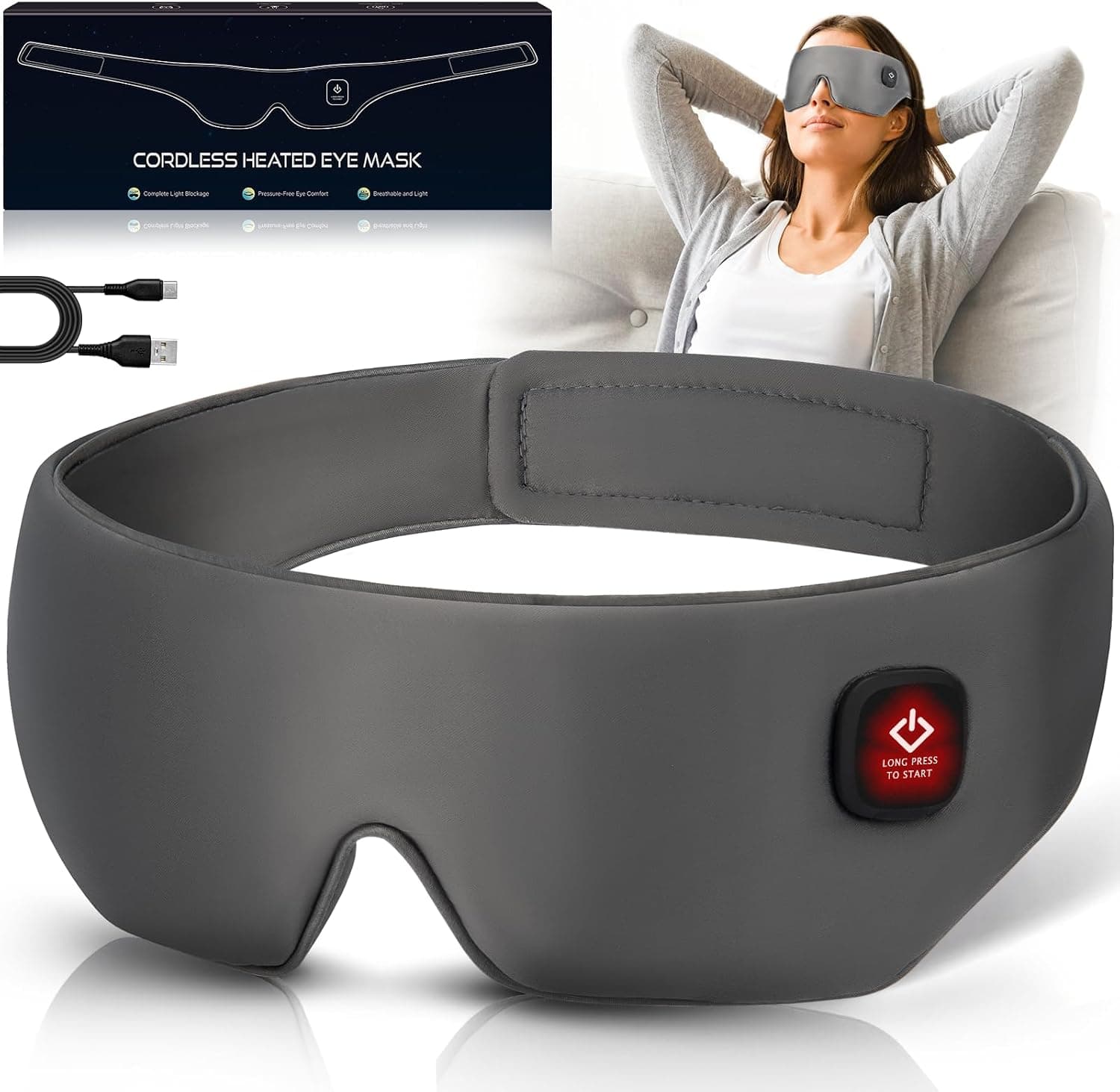Máscara de ojos calentada inalámbrica de seda, máscara de dormir lavable, máscara de compresión cálida, sombra suave sin presión, venda para los ojos, almohadilla eléctrica para calentar los ojos para blefaritis, orzuelo sinusal, regalos para hombres y mujeres (gris)