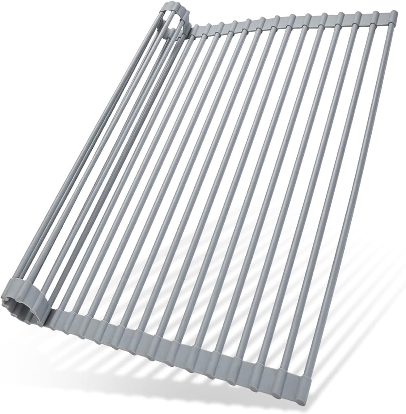 Ohuhu Escurridor de platos enrollable sobre el fregadero, envuelto en silicona, 17.6 pulgadas de ancho x 15.4 pulgadas de largo, escurridor de platos enrollable grande sobre el fregadero, estante de secado plegable para fregadero, alfombrillas de drenaje antideslizantes, multiusos para mostrador de cocina