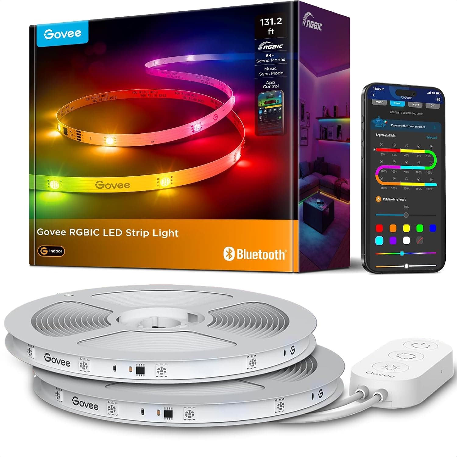 Govee Tira de luces LED RGBIC de 131.2 pies, luces LED para dormitorio, control de aplicación | DIY múltiples colores en una línea, luces que cambian de color para decoración del hogar, tiras de luces Bluetooth con control de aplicación
