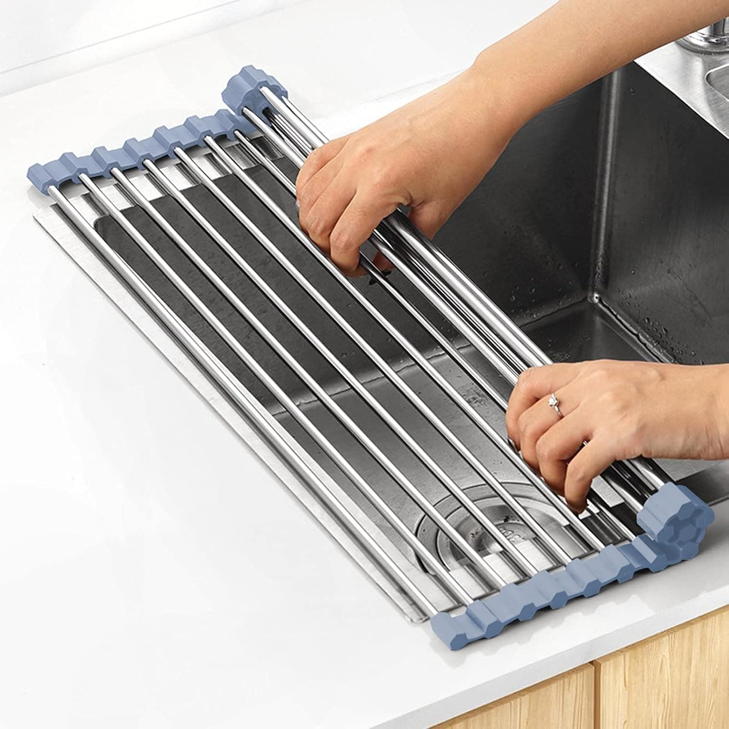 Estante para secar platos sobre el fregadero, estante enrollable para secar platos, estante para platos de cocina, estante para secar platos de acero inoxidable, escurridor de platos plegable, 17,5 ''x 11,8''