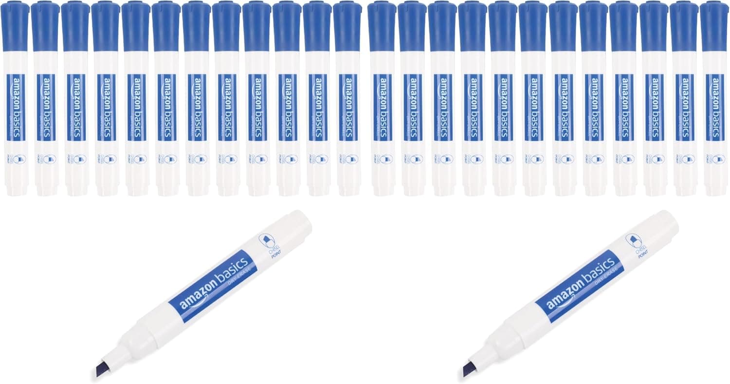 Amazon Basics Dry Erase Whiteboard Markers, Chisel Tip, Low-Odor, Blue, 24-Pack, For Drawing, Sketching and Writing