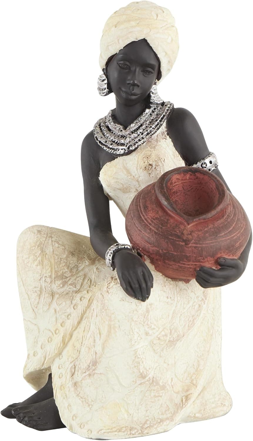 Deco 79 Escultura decorativa de polipiedra de mujer sentada, estatua africana para decoración del hogar con maceta de agua roja, figura decorativa de 6.0 x 6.0 x 10.0 in, color crema | Estatua decorativa de mujer sentada africana para decoración del hogar con maceta de agua roja
