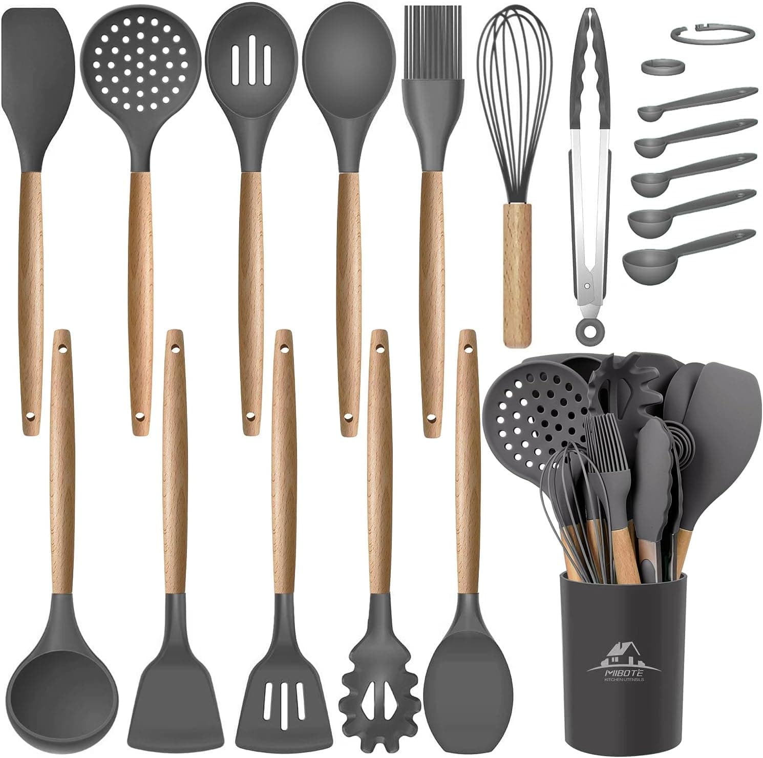 MIBOTE Juego de utensilios de cocina de silicona, 17 piezas, mango de madera, gris | Juego de espátula, espátula y cuchara de silicona no tóxica y sin BPA, ideal para utensilios de cocina antiadherentes, resistentes al calor y fáciles de limpiar