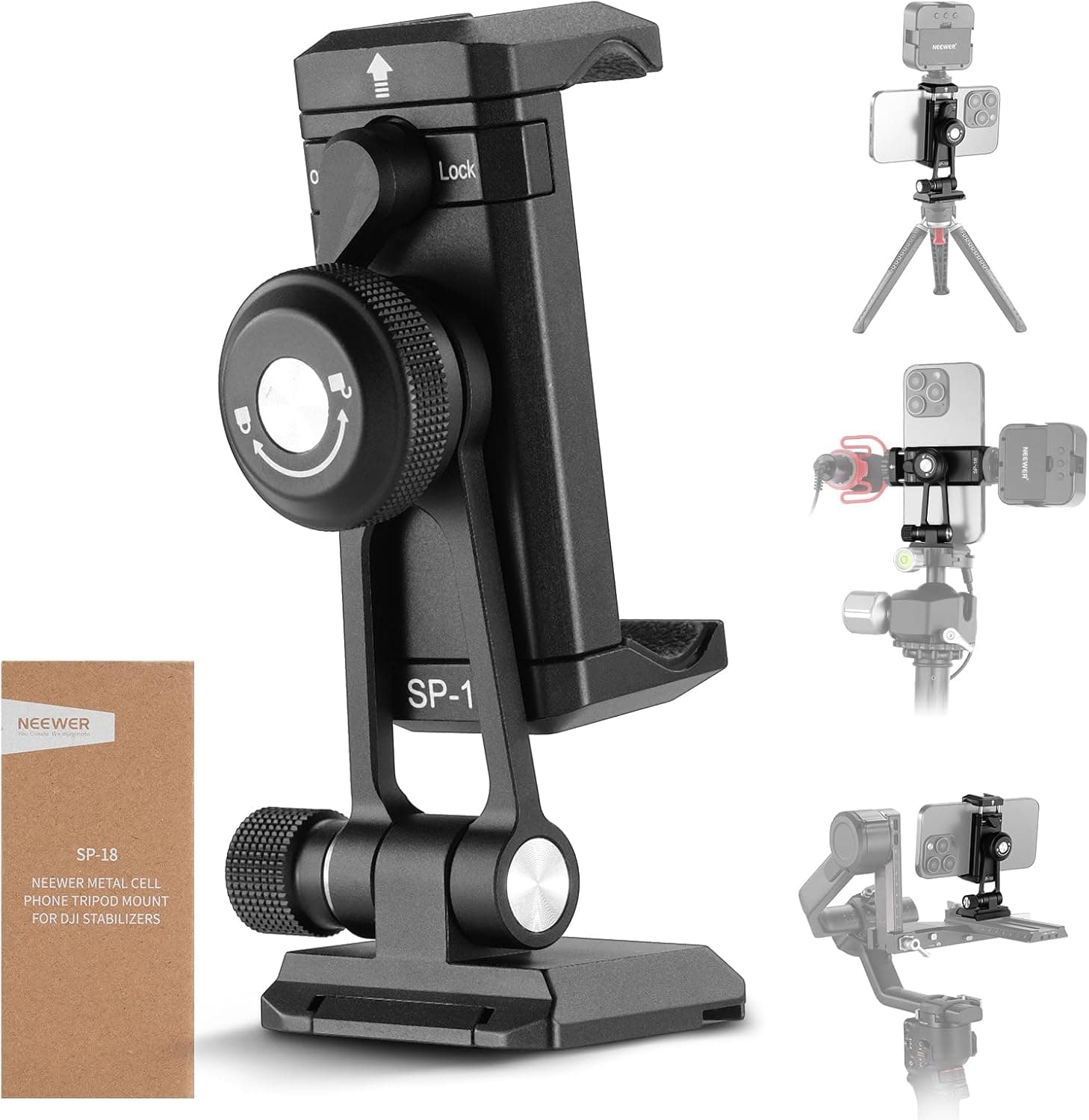 Neewer Adaptador de Montaje en Trípode para Teléfono con Base QR Tipo Arca, Zapata Fría, Orificios de 1/4" 3/8", Giro de 360° Inclinación de 180°, Soporte para Teléfono Compatible con iPhone Samsung Arca Swiss DJI RS 4 Pro 3 2 Estabilizador, SP-18