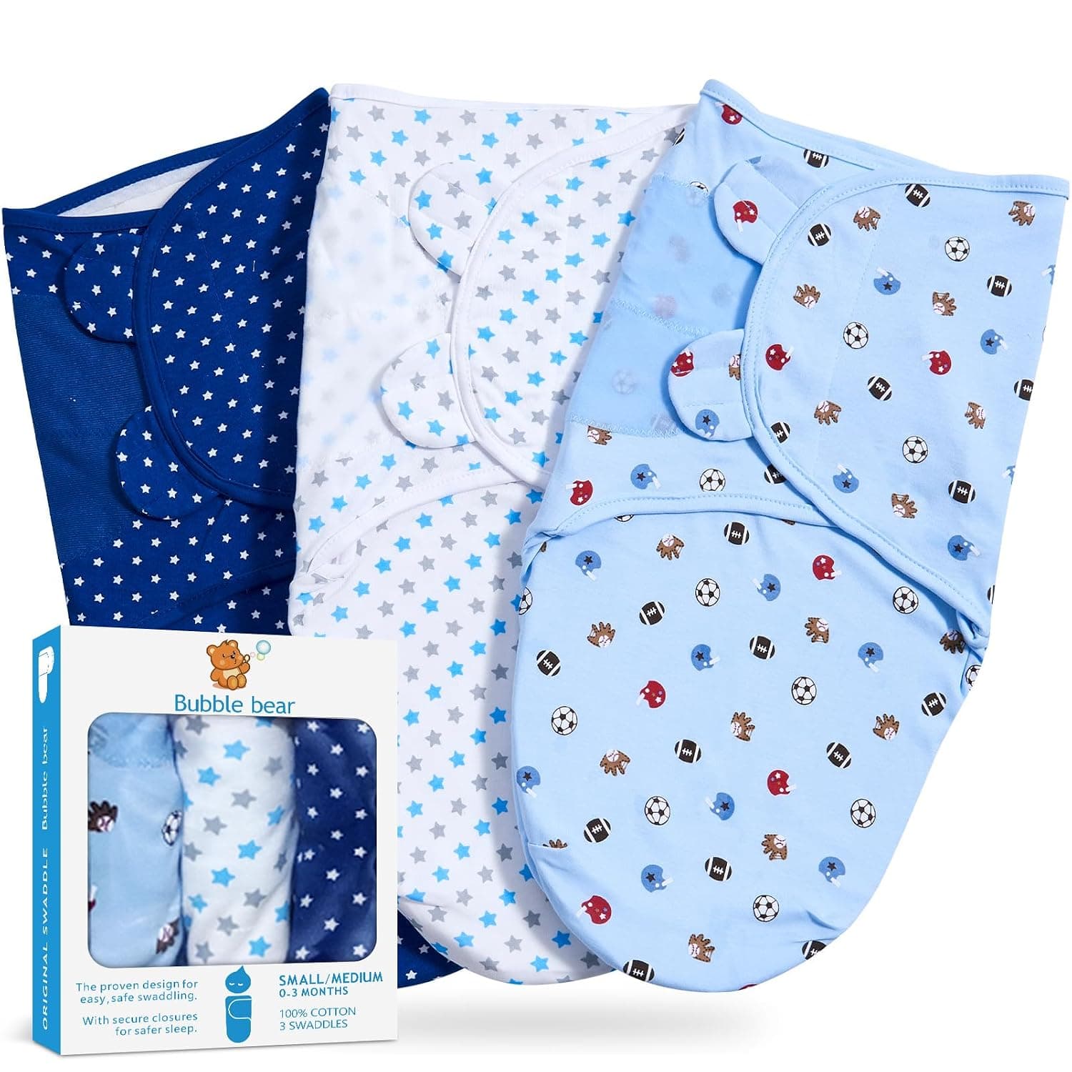 Bubble Bear Paquete de 3 mantas para bebé de 0 a 3 meses, manta ajustable para recién nacidos, manta para bebé, manta para envolver, saco de dormir para recién nacido, color azul