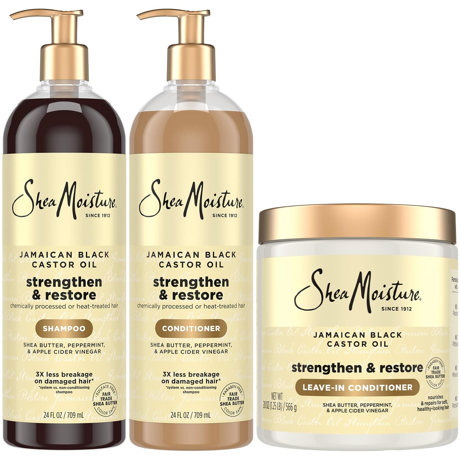 SheaMoisture Jamaican Black Castor Oil fortalece y restaura el champú reparador del cabello, acondicionador + acondicionador sin enjuague, paquete de tamaño familiar